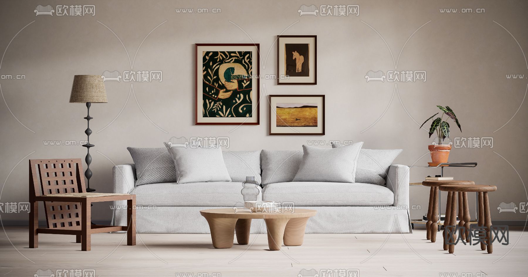 中古风组合沙发su模型下载（渲染图1）