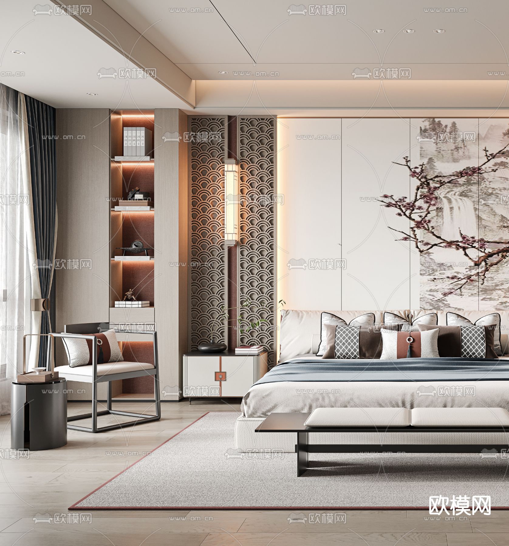 新中式卧室 主卧 主人房3d模型下载（渲染图2）