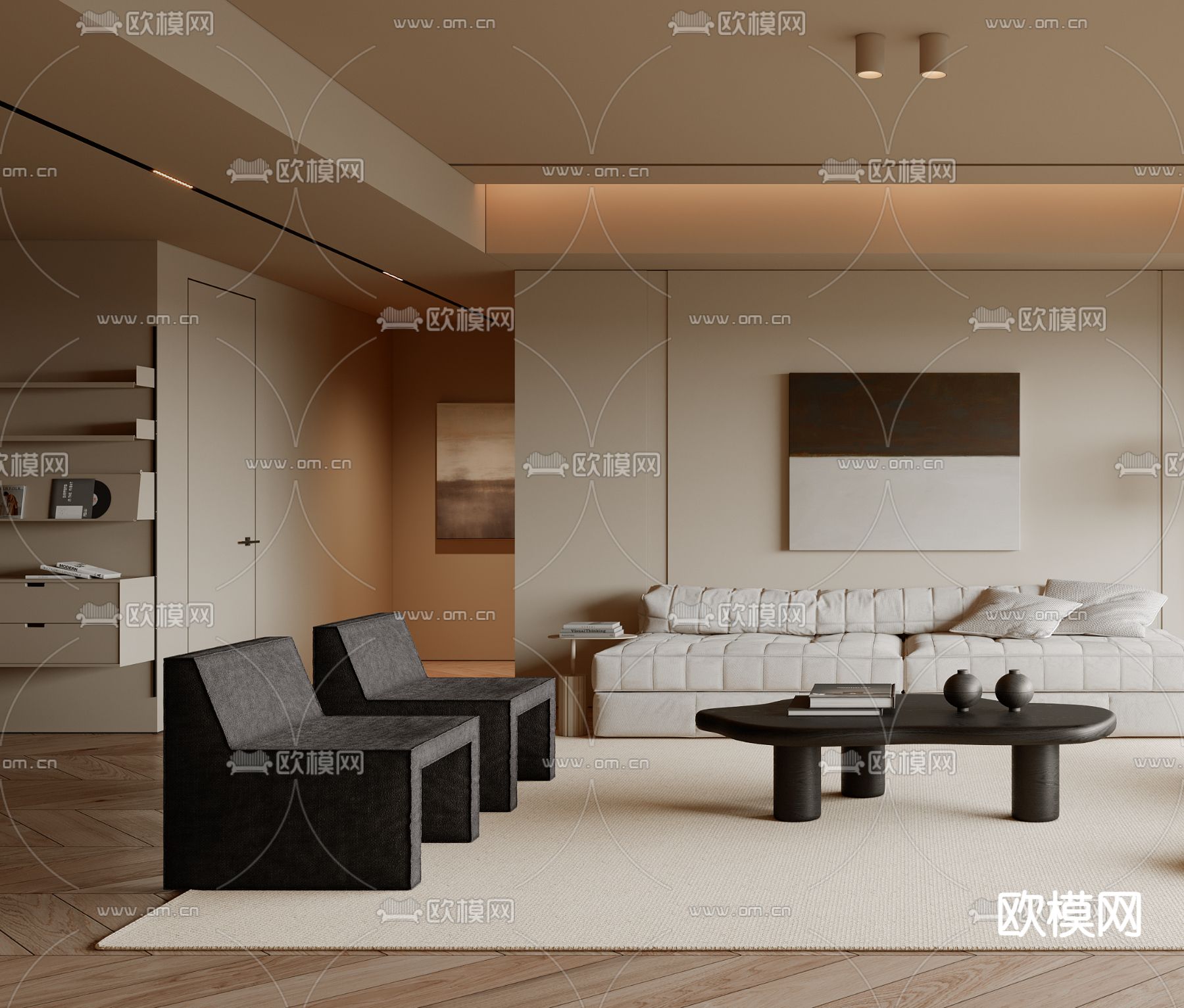 奶油风客厅3d模型下载（渲染图3）