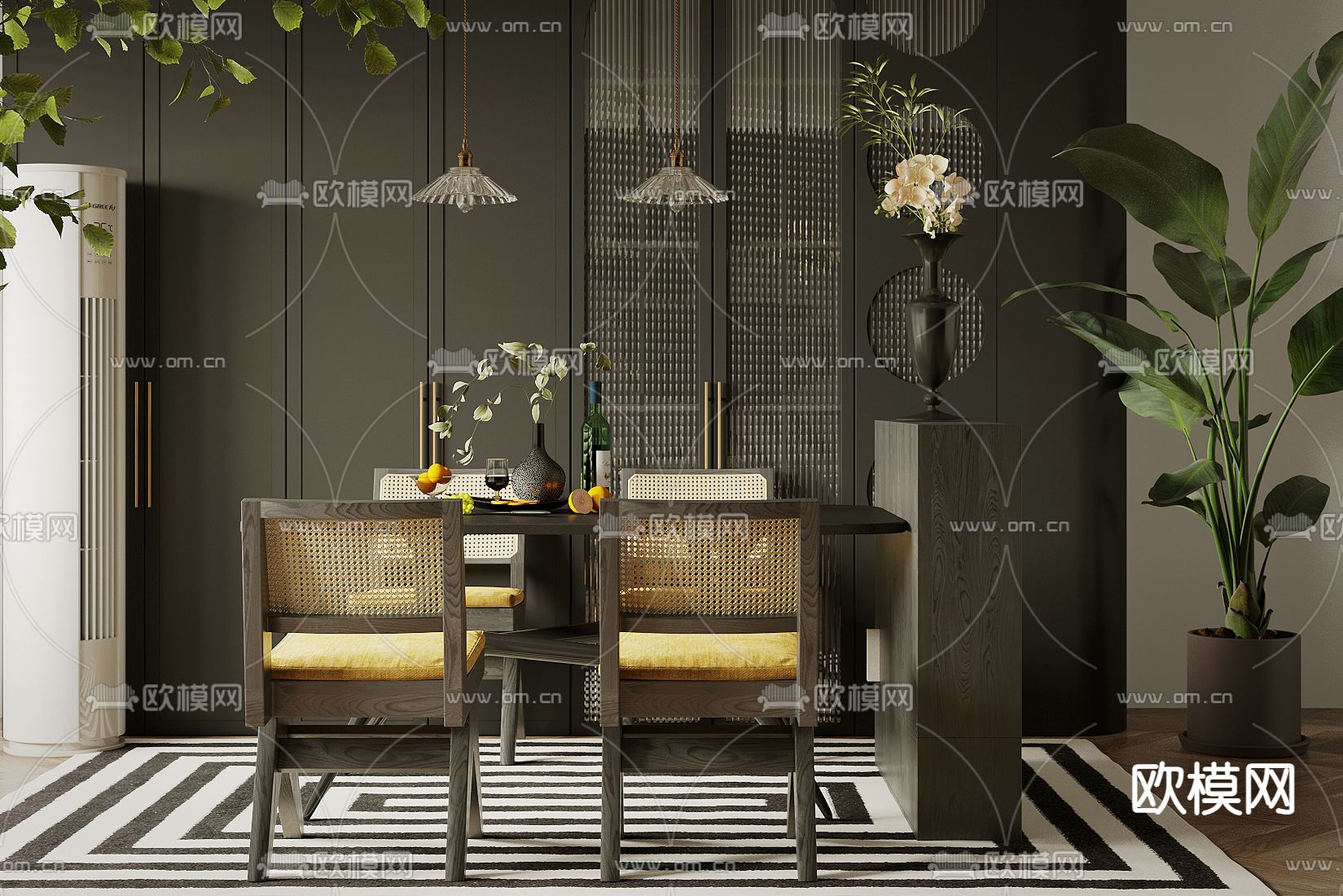 中古风餐桌椅su模型下载（渲染图2）