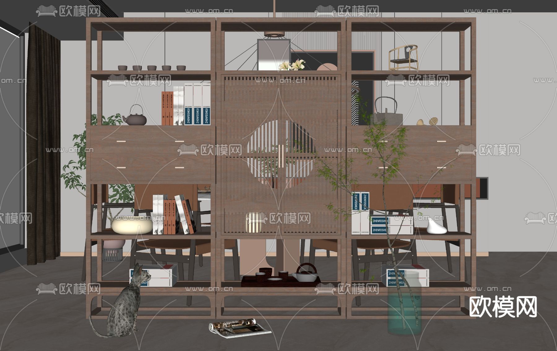 新中式博古架 置物架su模型下载（渲染图2）