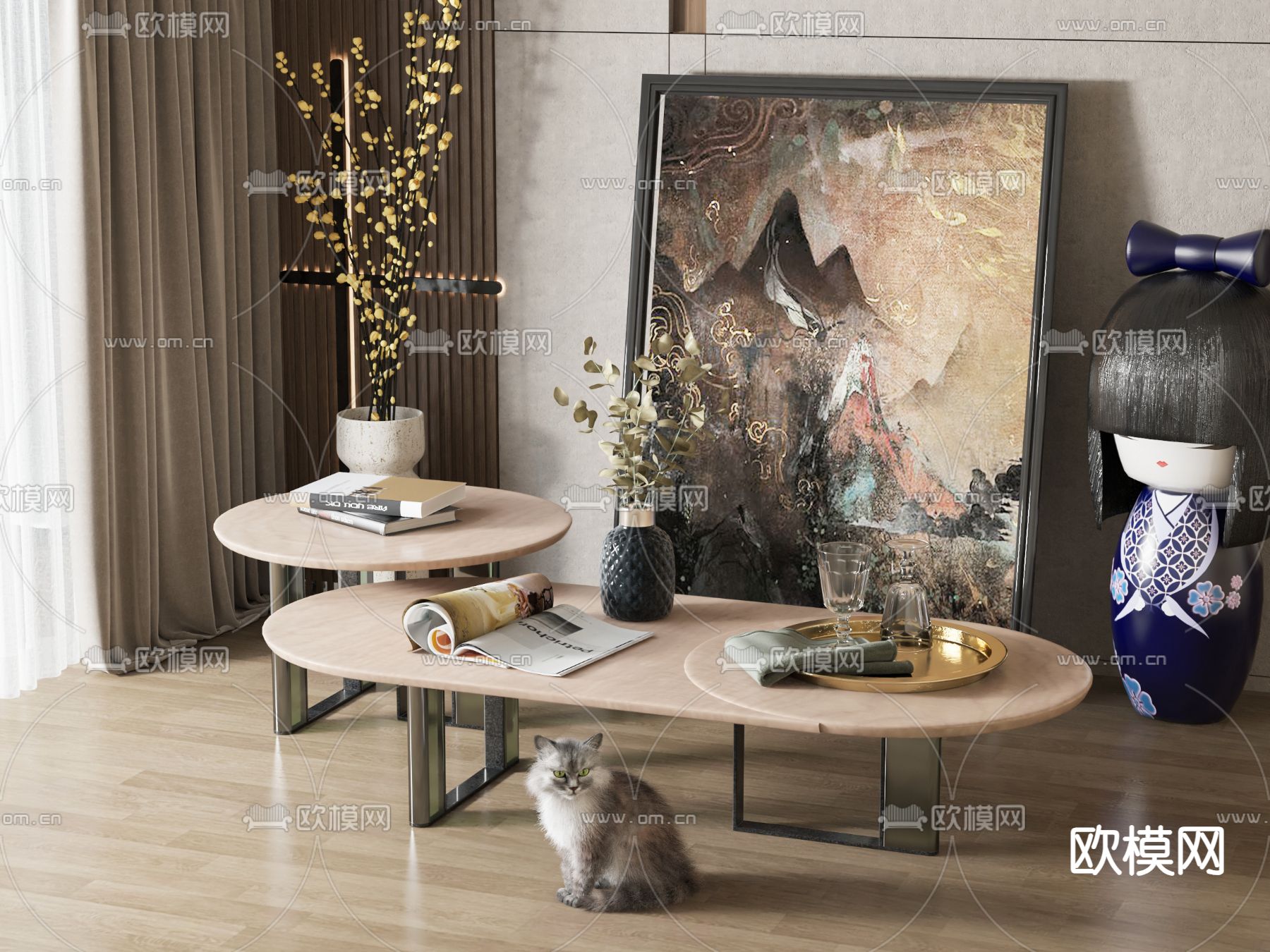 现代茶几su模型下载（渲染图1）