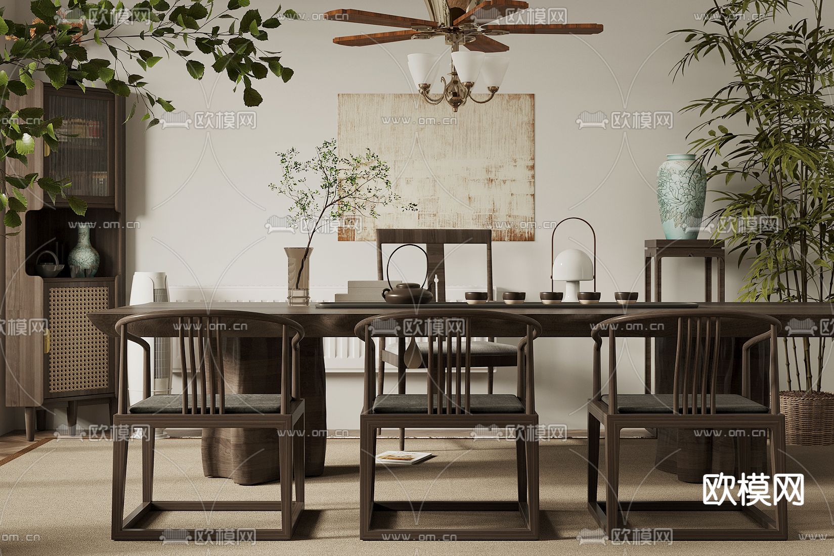 中古风茶桌椅su模型下载（渲染图1）