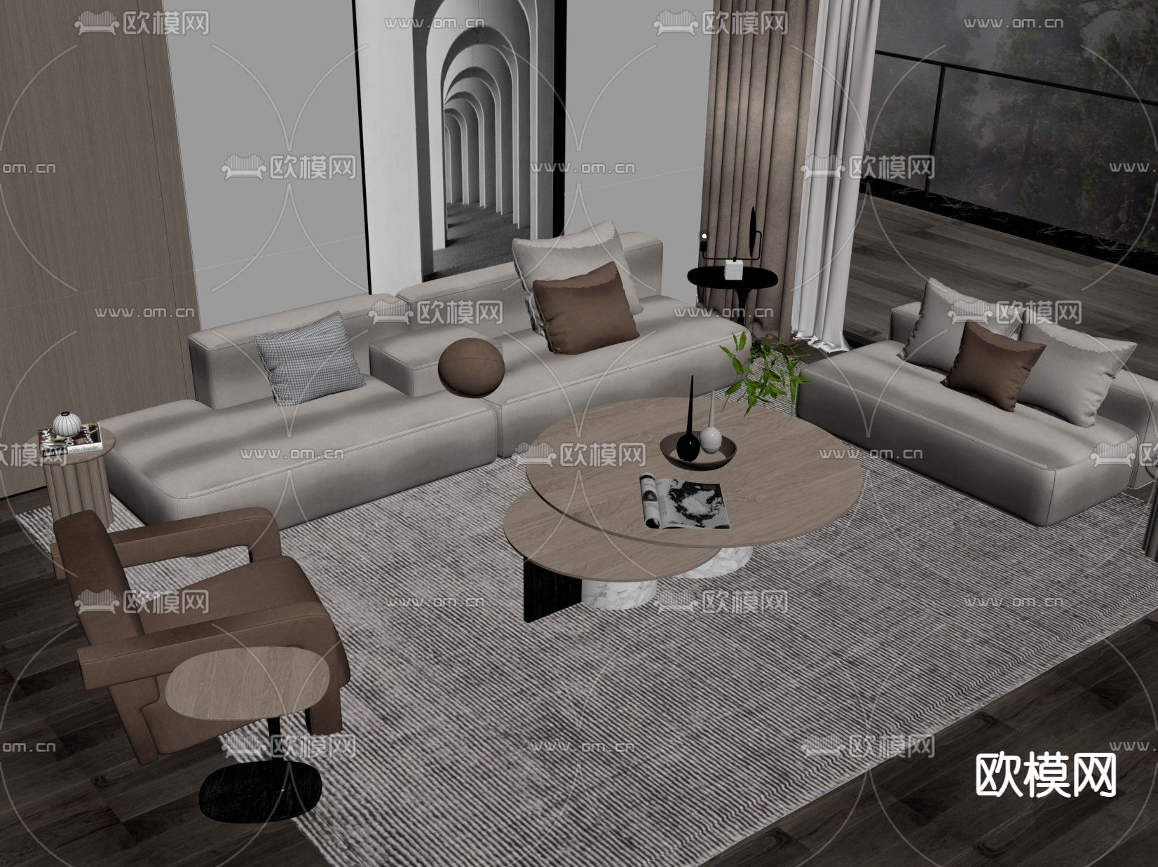 现代组合沙发su模型下载（渲染图2）