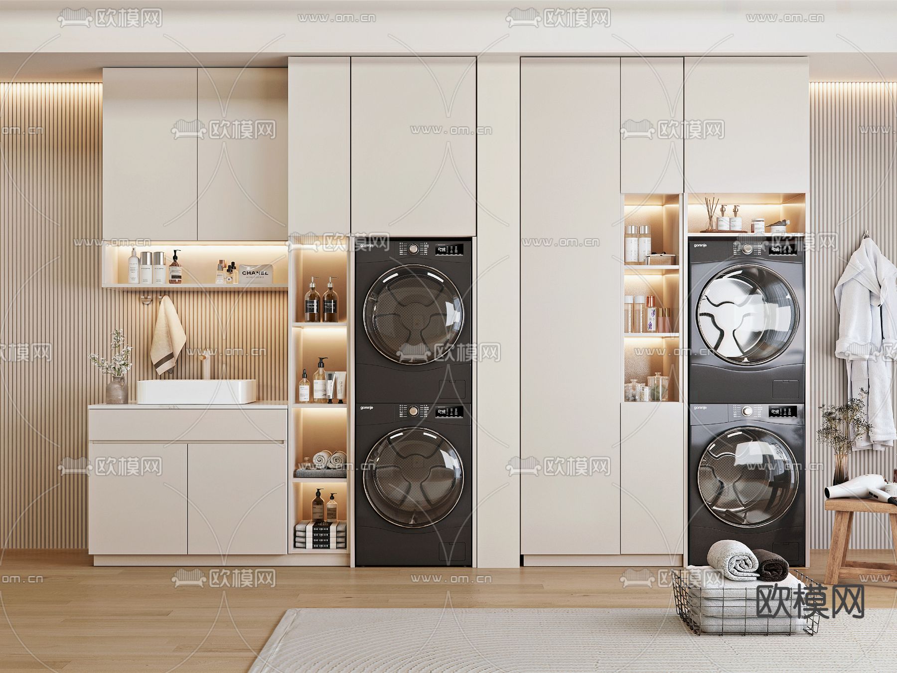 奶油风阳台柜 洗衣机柜3d模型下载