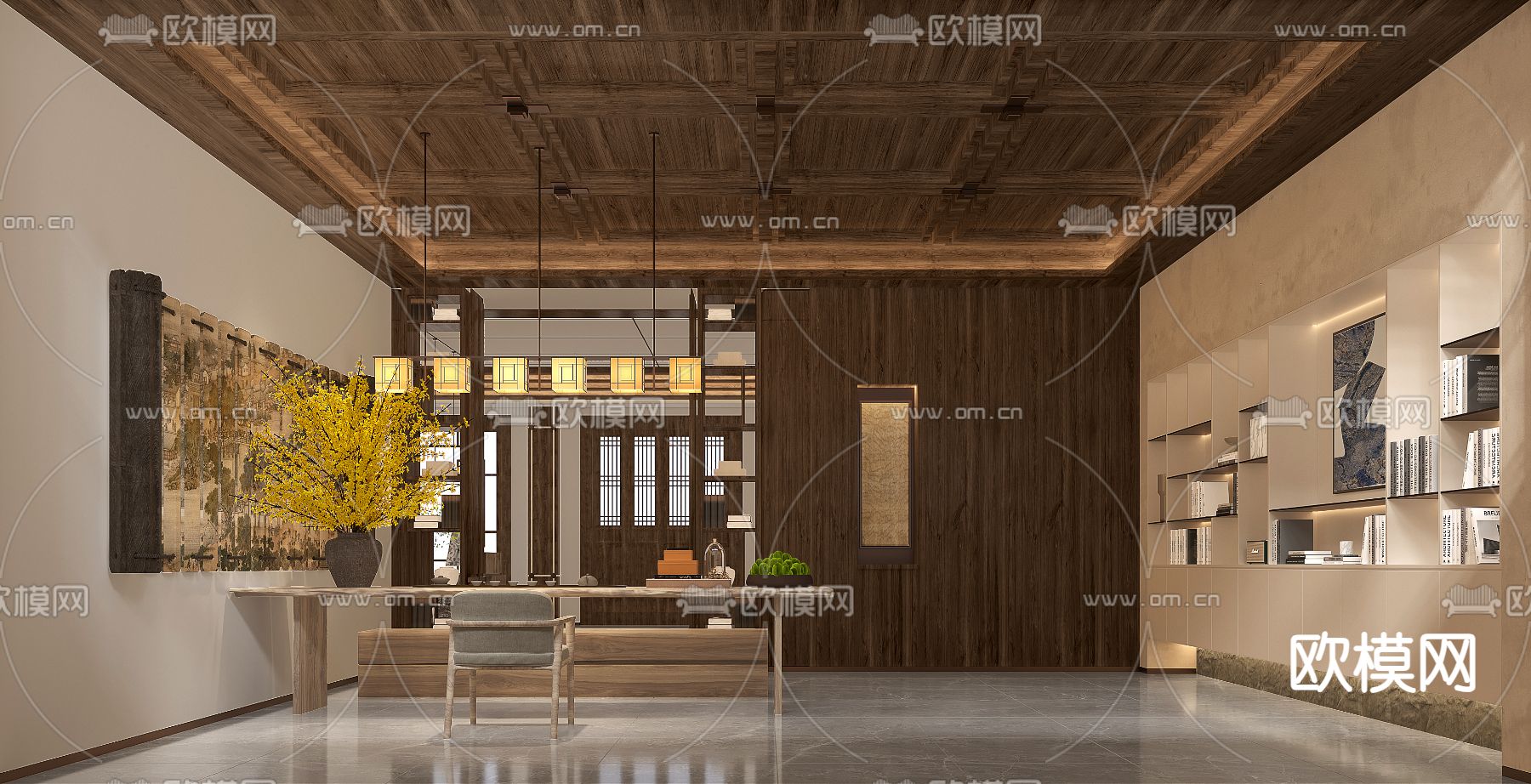 中式会所会客室3d模型下载（渲染图1）