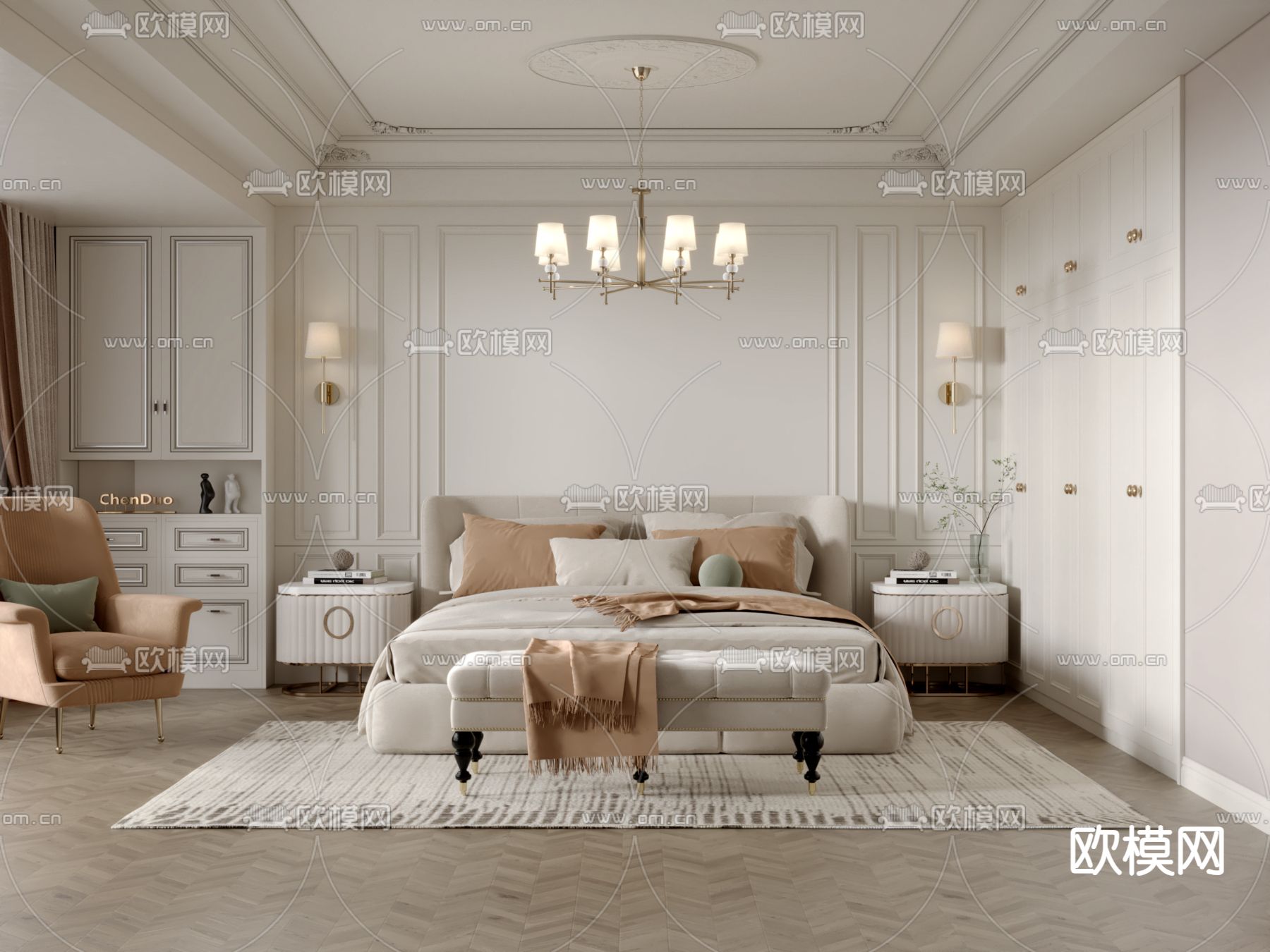 美式卧室 主卧 主人房3d模型下载（渲染图1）