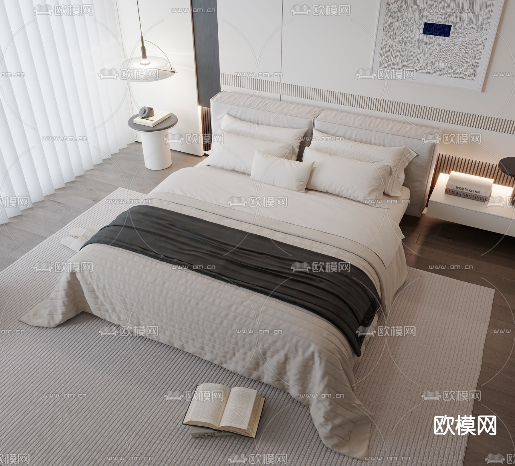 现代双人床su模型下载（渲染图1）