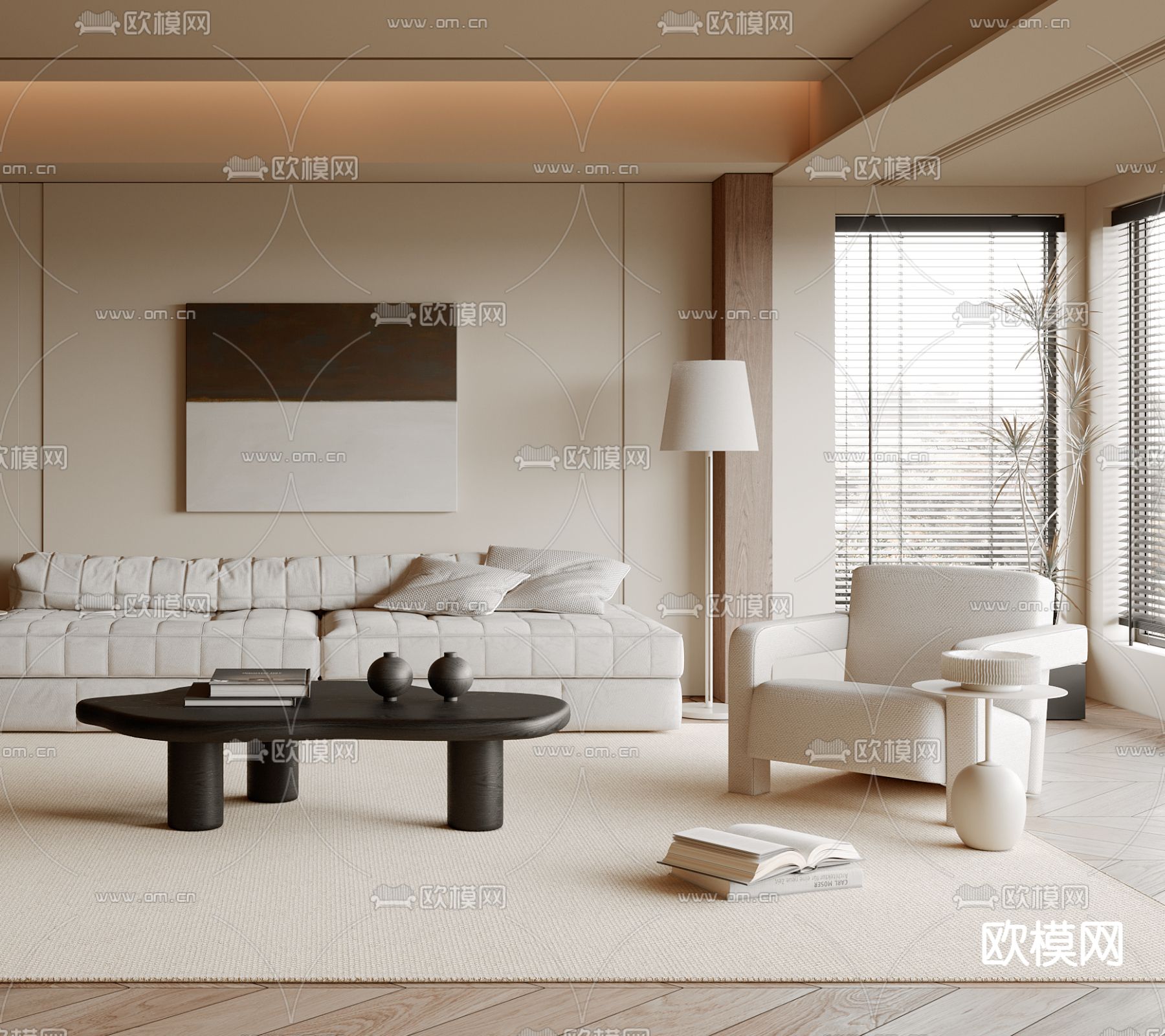 奶油风客厅3d模型下载（渲染图2）