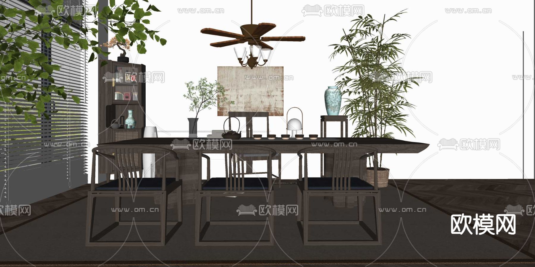 中古风茶桌椅su模型下载（渲染图2）