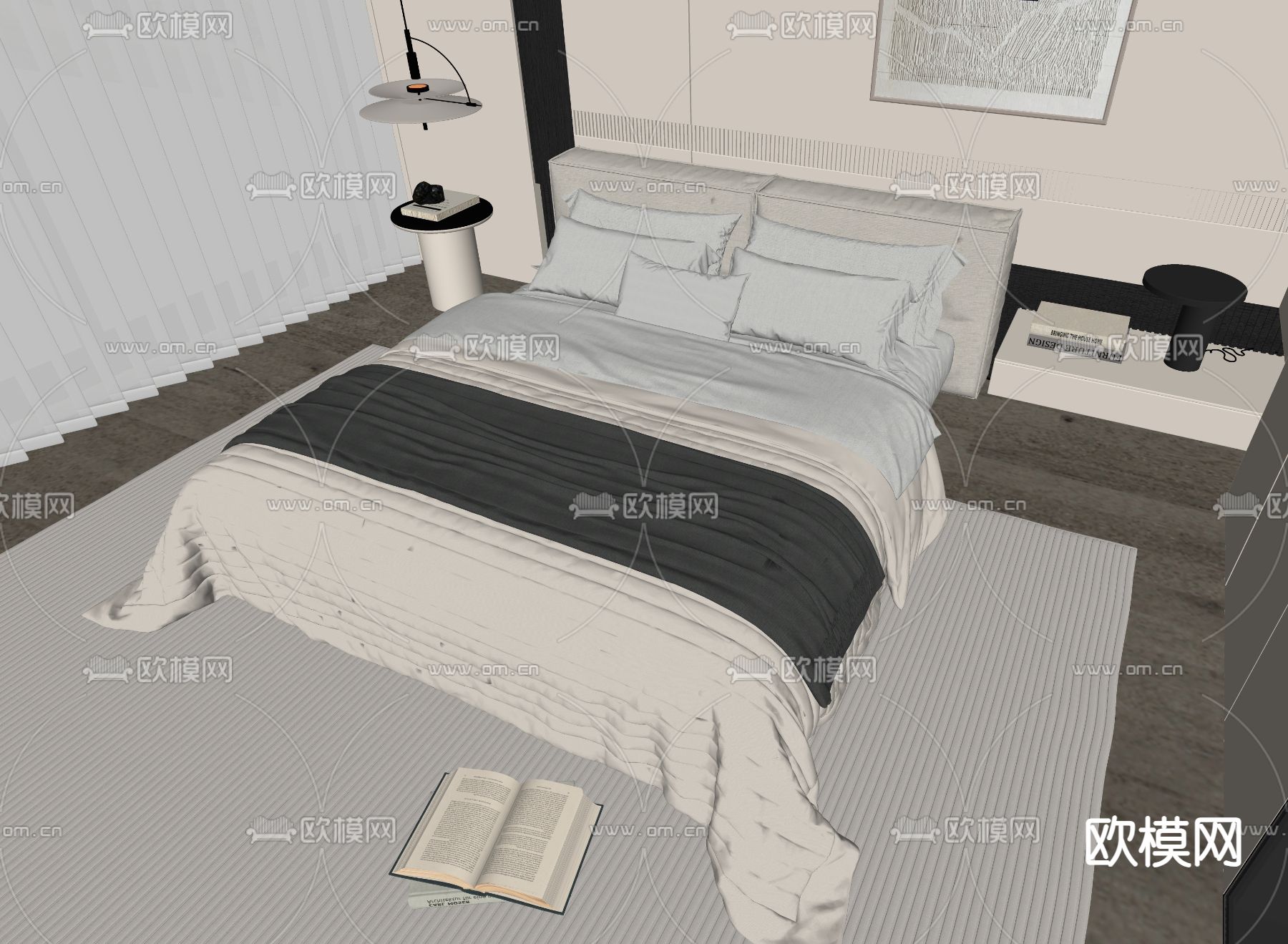 现代双人床su模型下载（渲染图2）