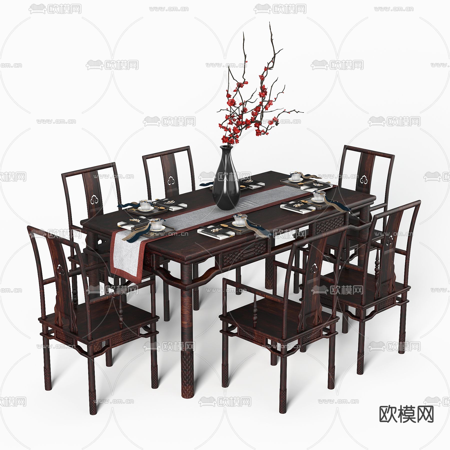 中式餐桌椅 条形餐桌3d模型下载