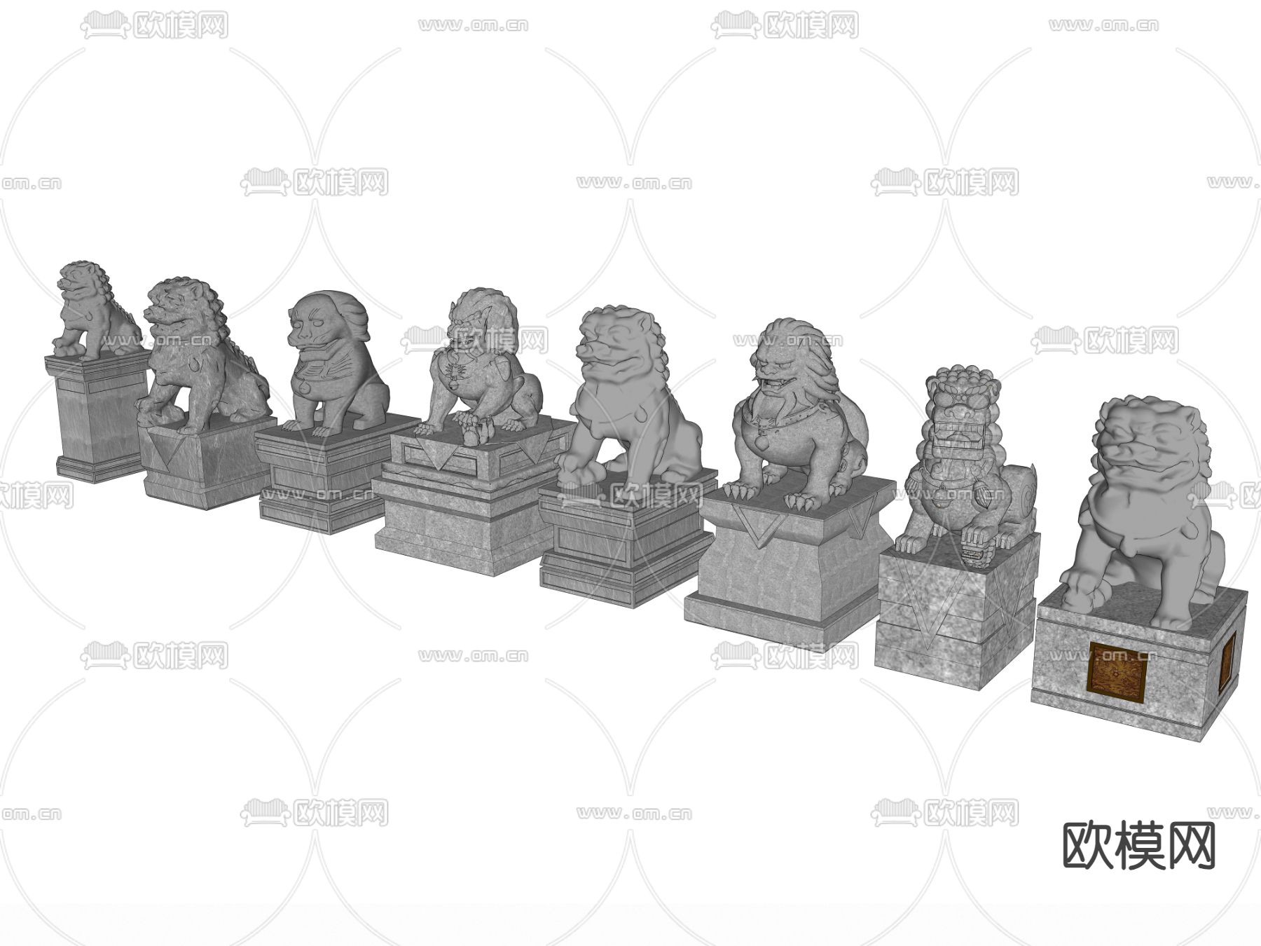 中式入口石狮子 雕塑su模型下载（渲染图2）