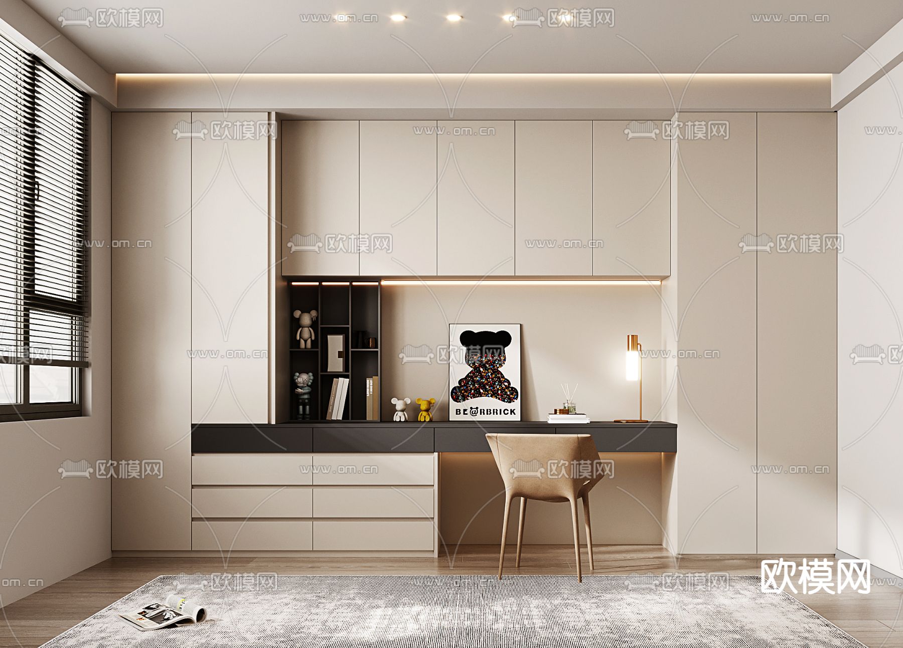 奶油风衣柜 书桌3d模型下载