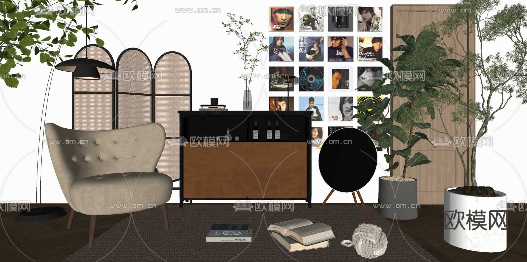 中古风休闲椅 边柜su模型下载（渲染图2）