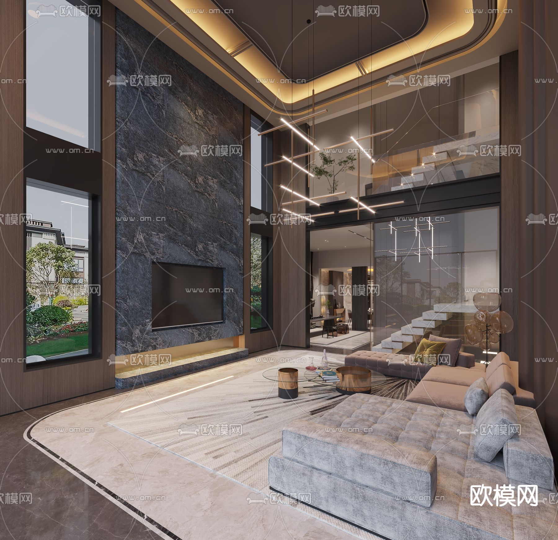 别墅客厅 别墅中空3d模型下载（渲染图1）