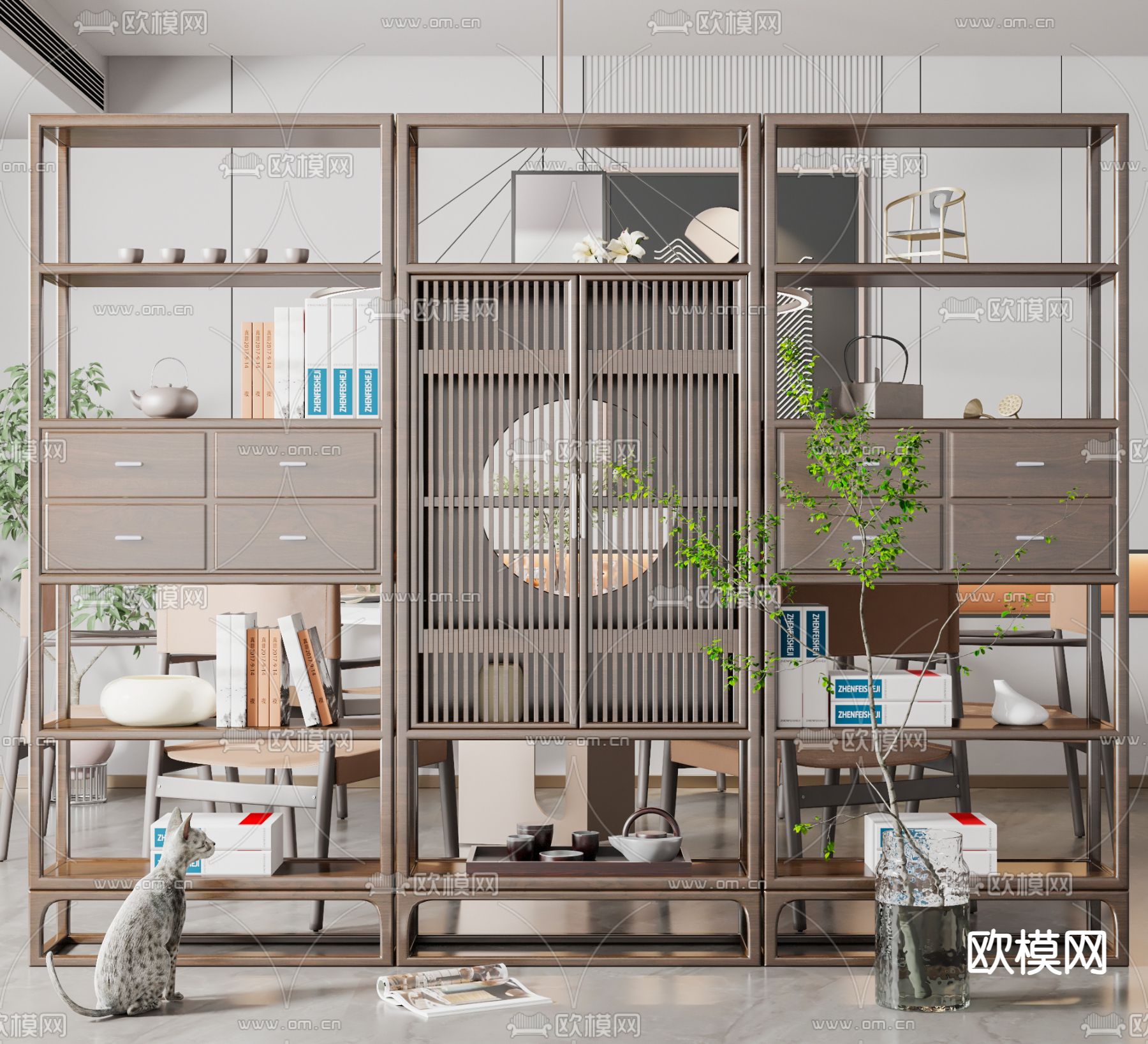 新中式博古架 置物架su模型下载（渲染图1）
