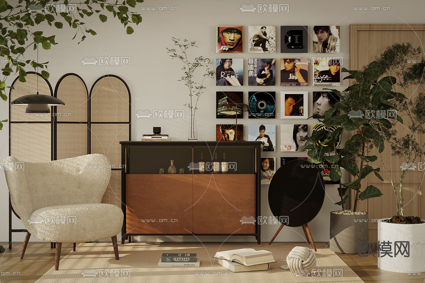 中古风休闲椅 边柜su模型下载（渲染图1）