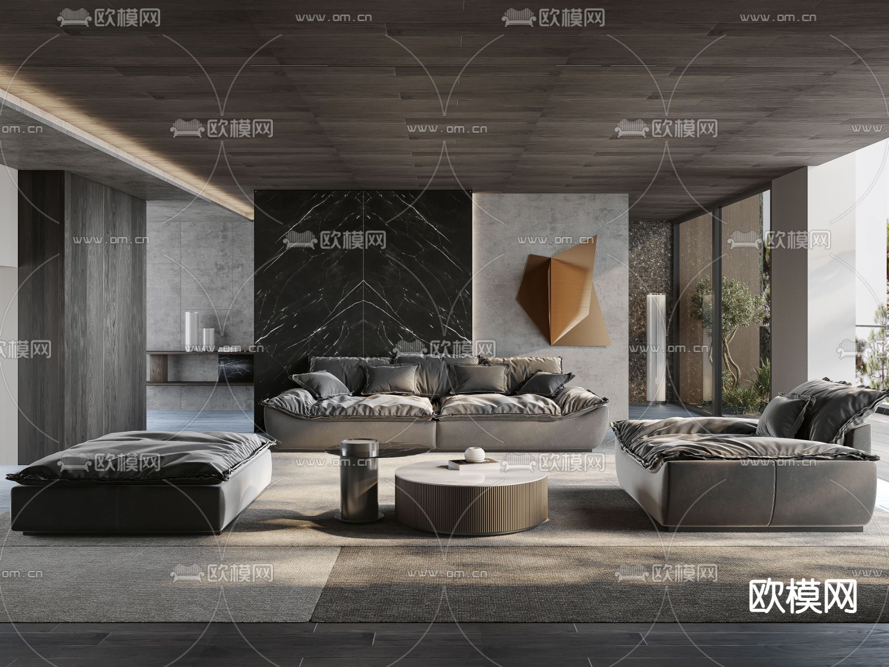 高级灰客厅3d模型下载（渲染图1）