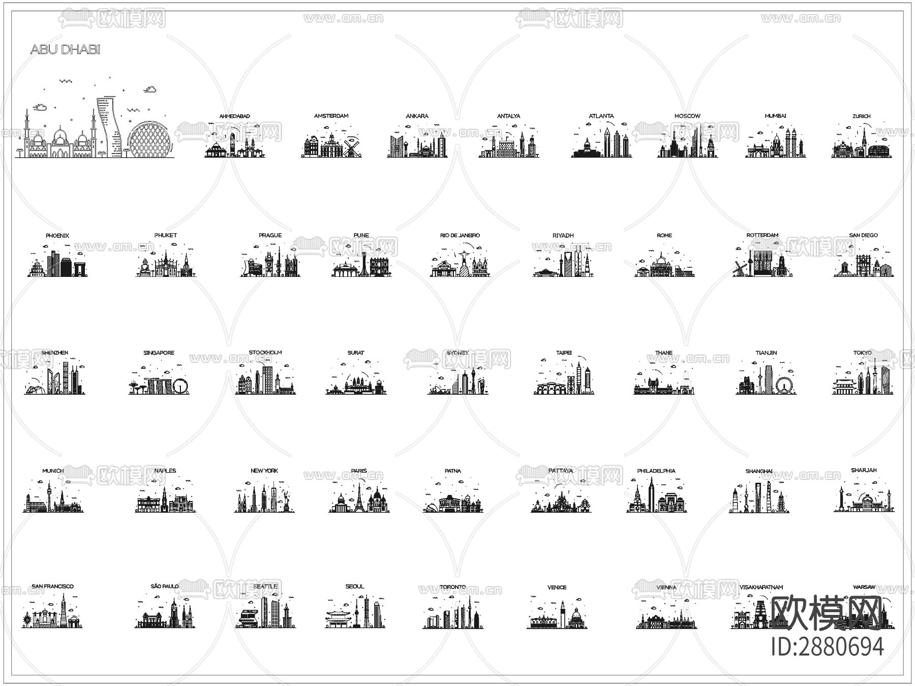 标志性建筑剪影雕塑小品cad图库下载（渲染图1）