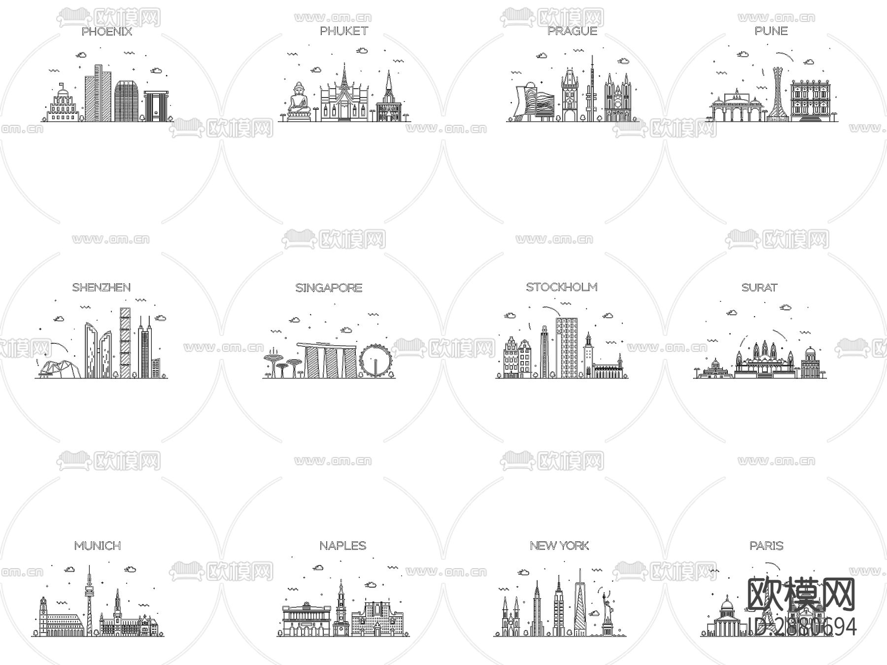 标志性建筑剪影雕塑小品cad图库下载（渲染图2）