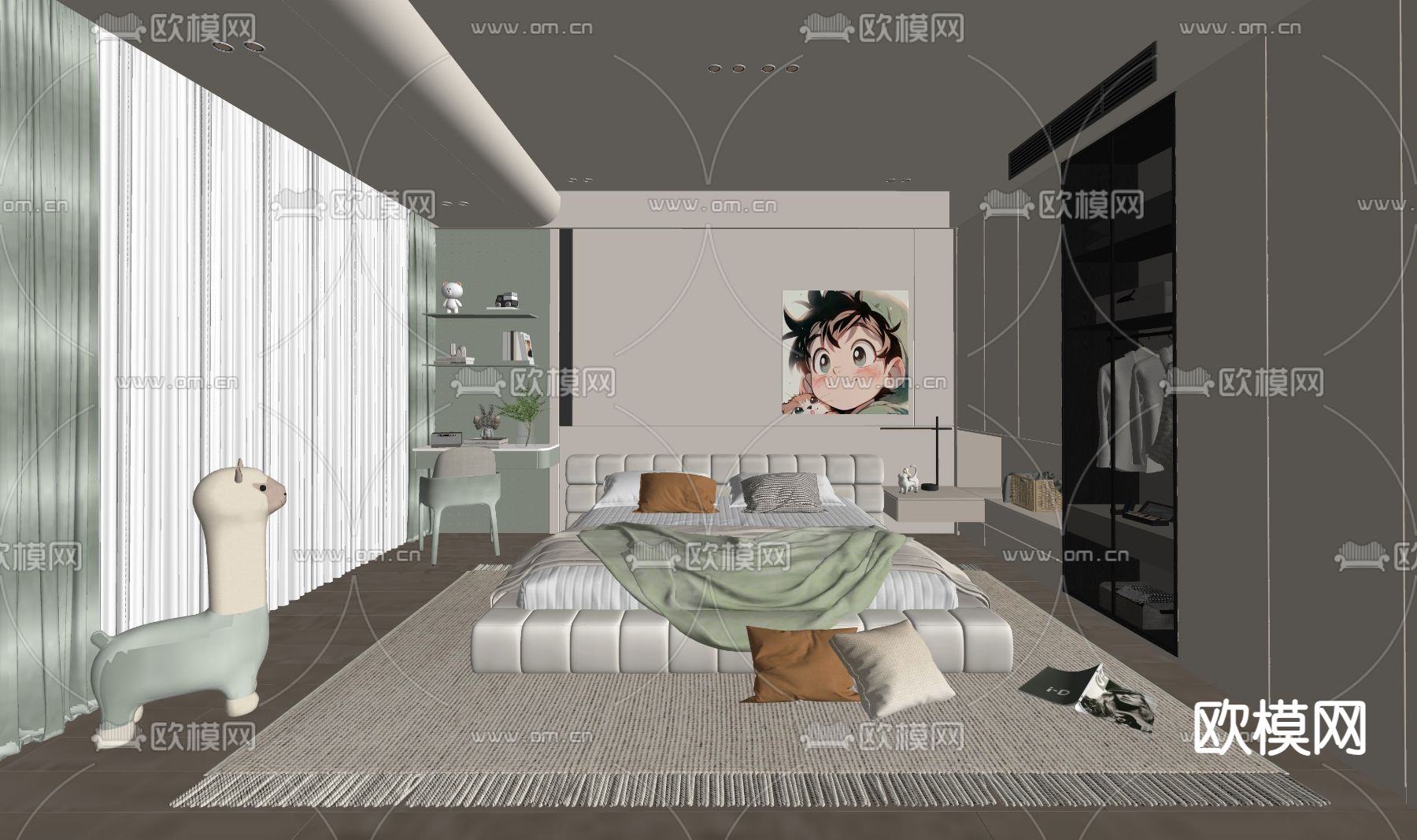 奶油风卧室su模型下载（渲染图2）