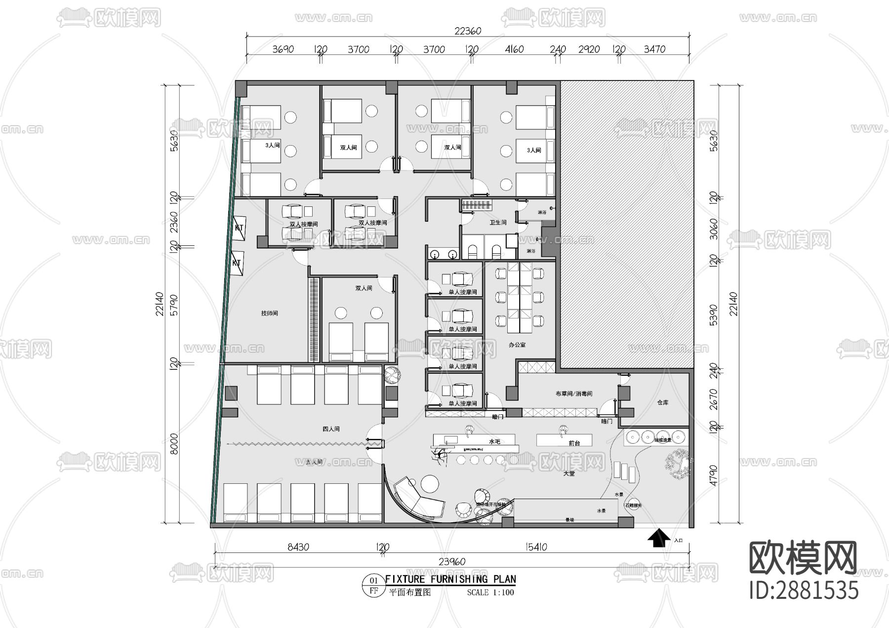400㎡足浴按摩休闲会所cad平面图下载