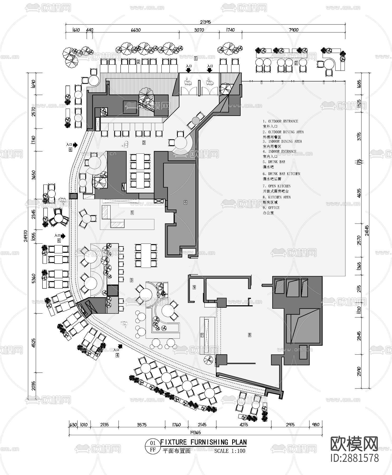 餐厅cad平面图下载（渲染图3）