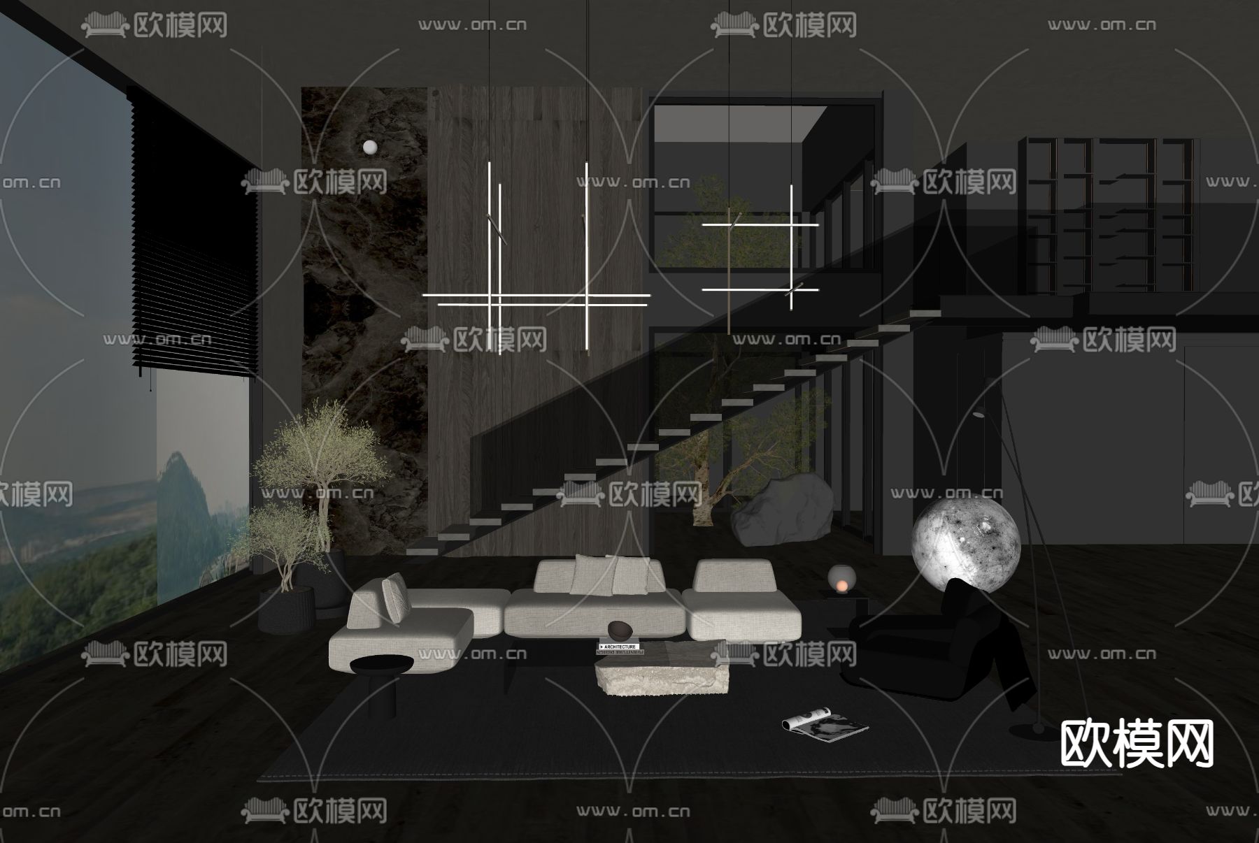 暗黑风别墅客厅su模型下载（渲染图2）