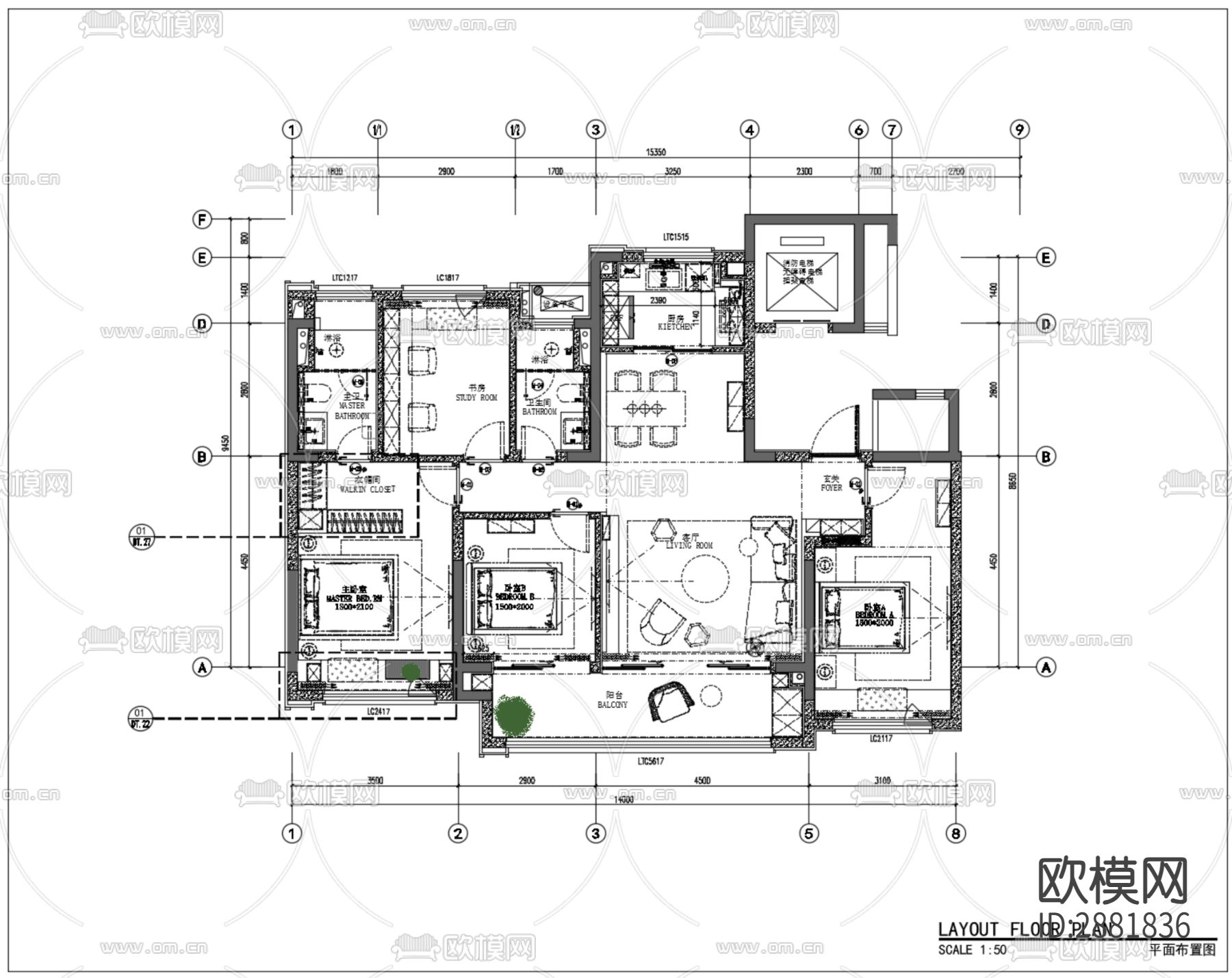 平层cad施工图下载（渲染图1）