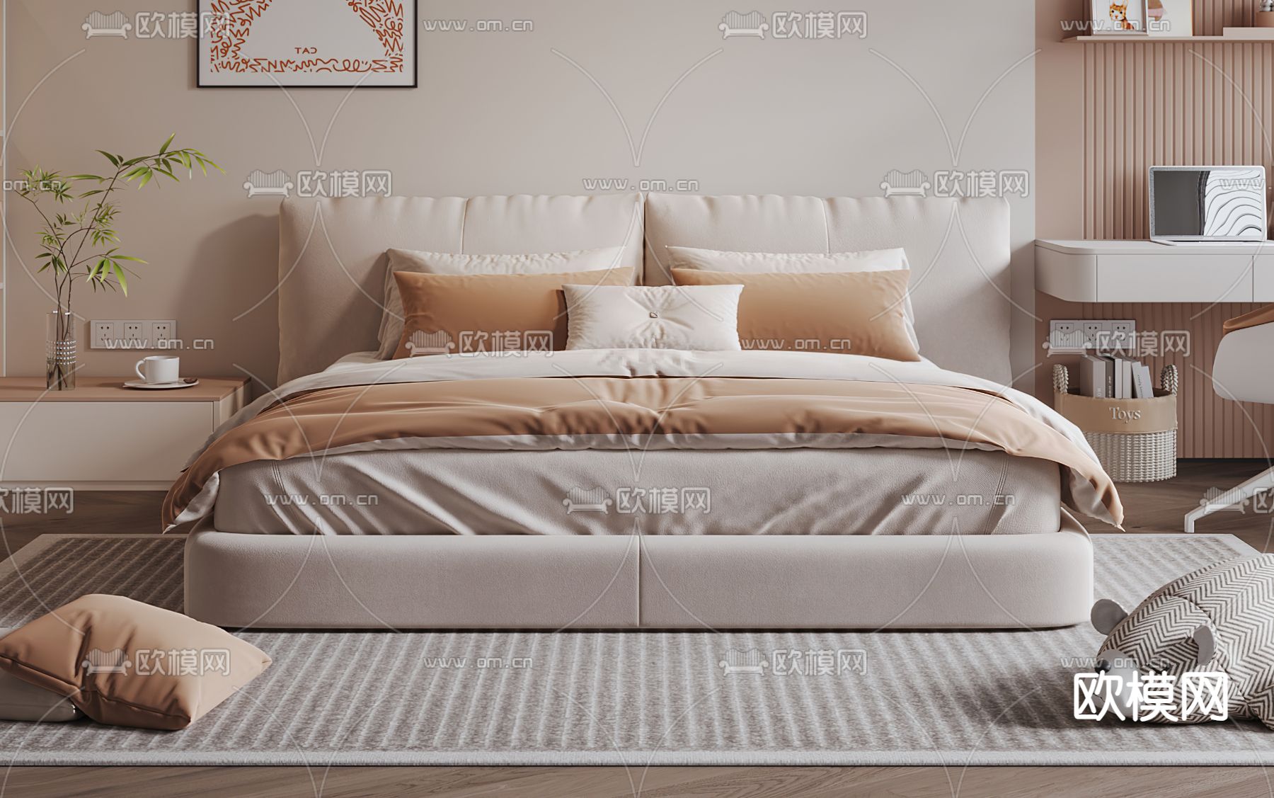 奶油风双人床3d模型下载