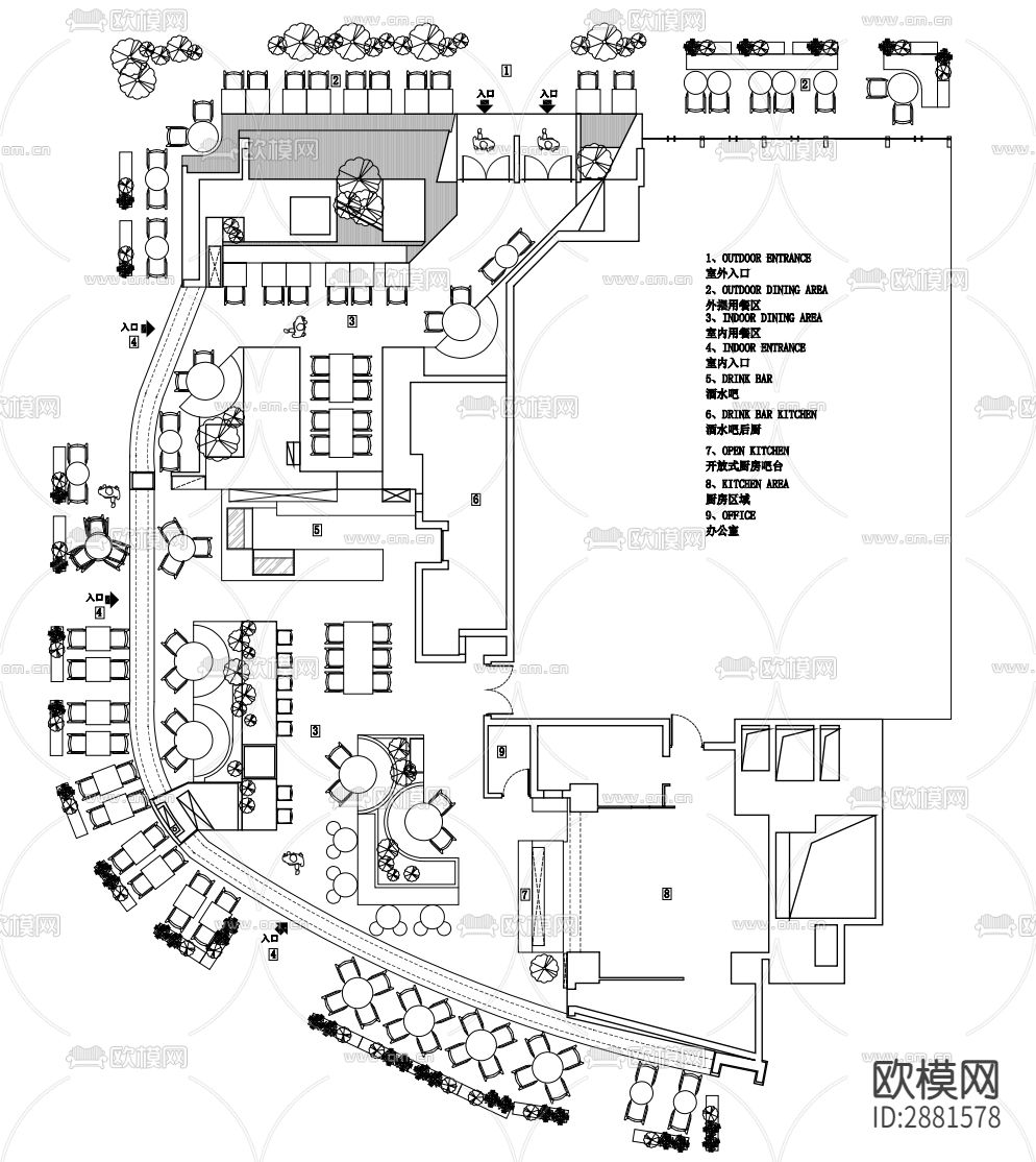 餐厅cad平面图下载（渲染图1）