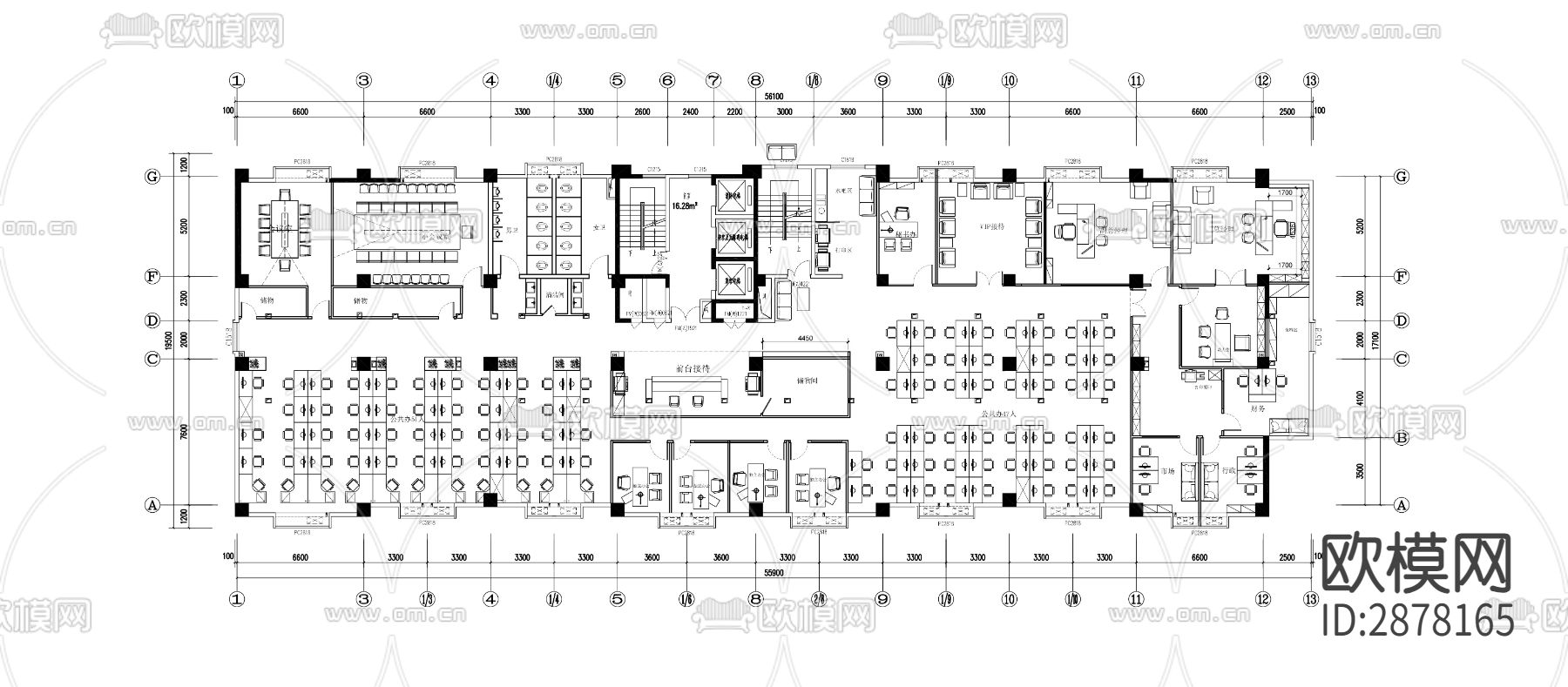 1000㎡办公室平面CAD节点大样下载（渲染图2）