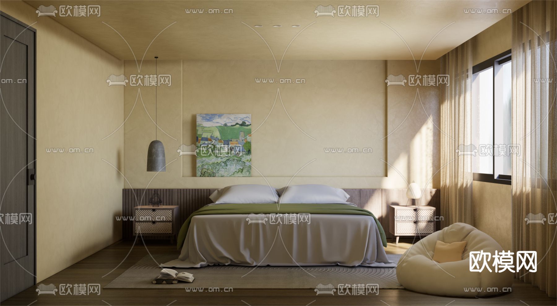 侘寂风卧室su模型下载（渲染图1）