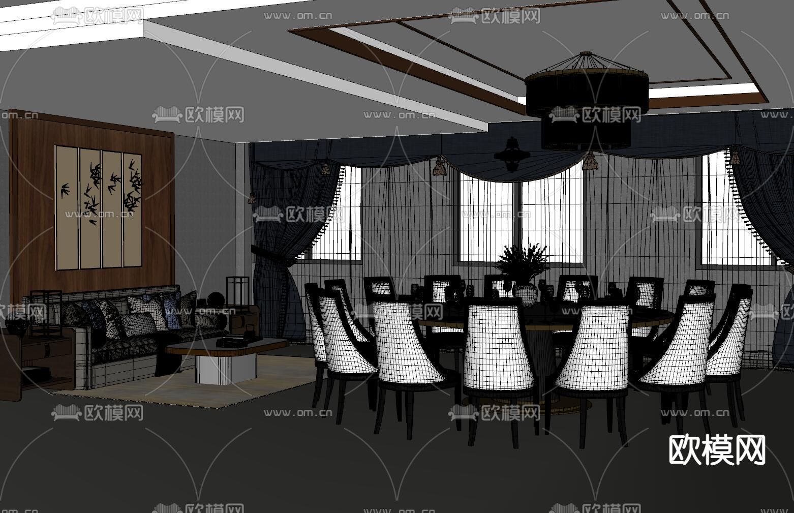 中式餐厅包厢 包间su模型下载（渲染图2）