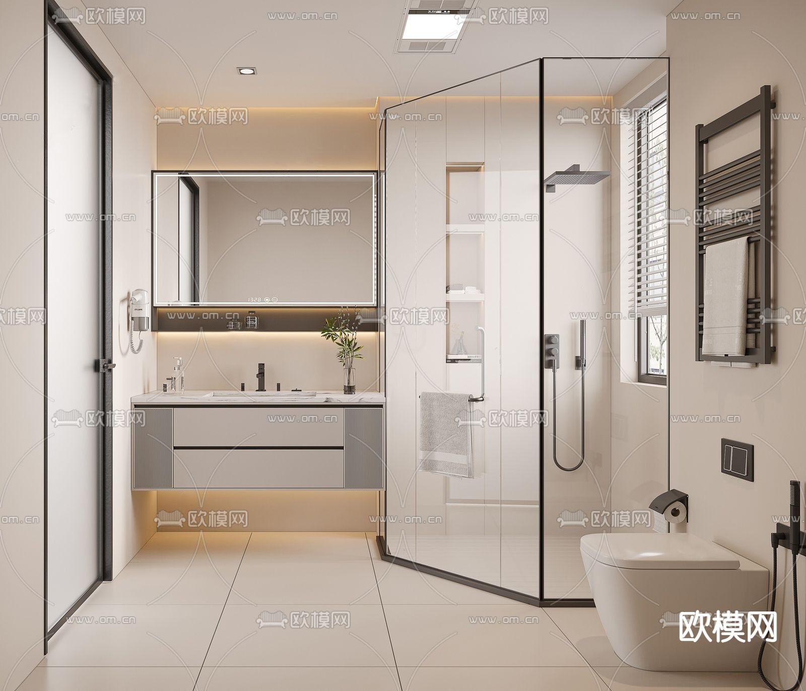 奶油风卫生间 浴室su模型下载（渲染图1）