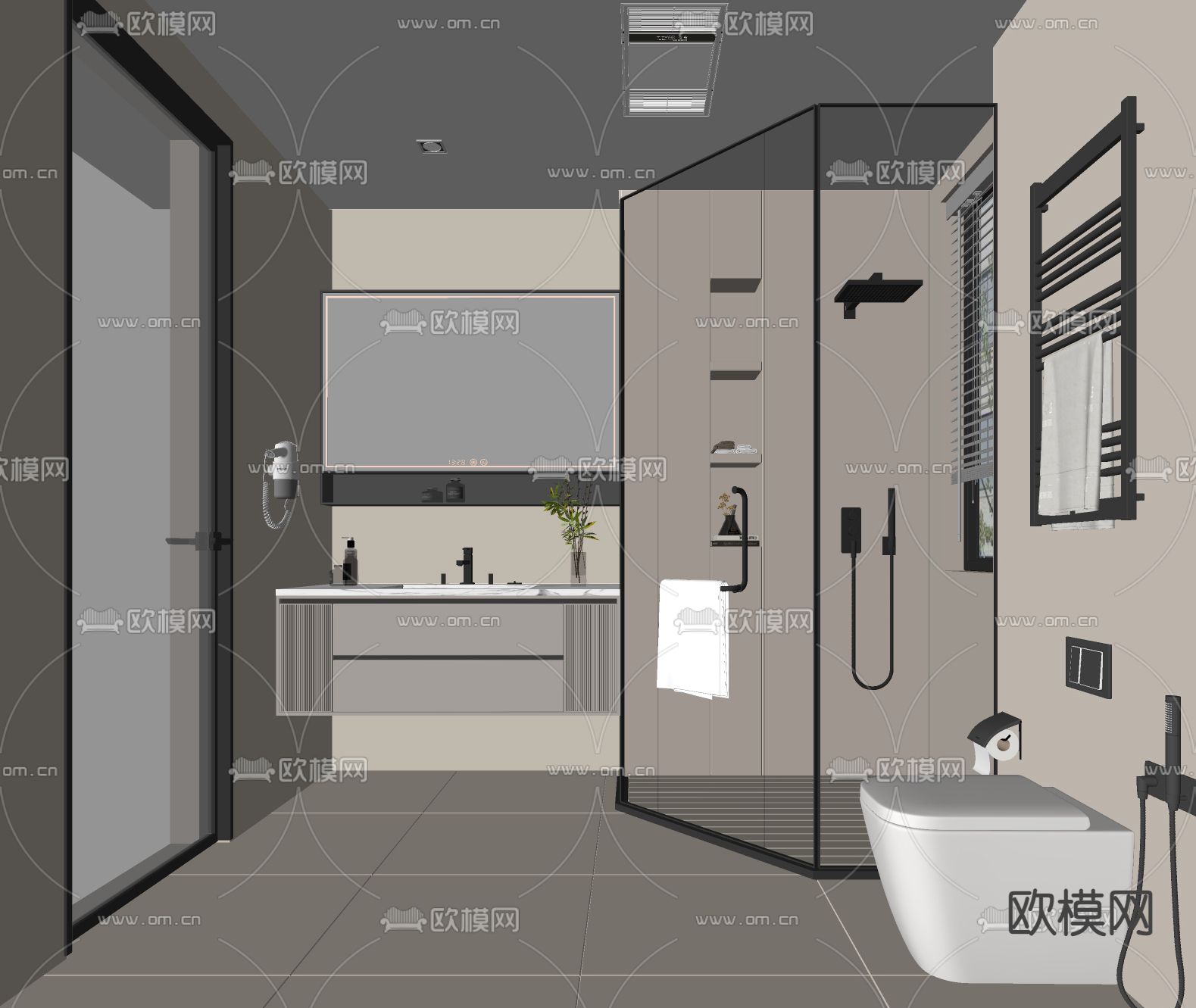 奶油风卫生间 浴室su模型下载（渲染图2）