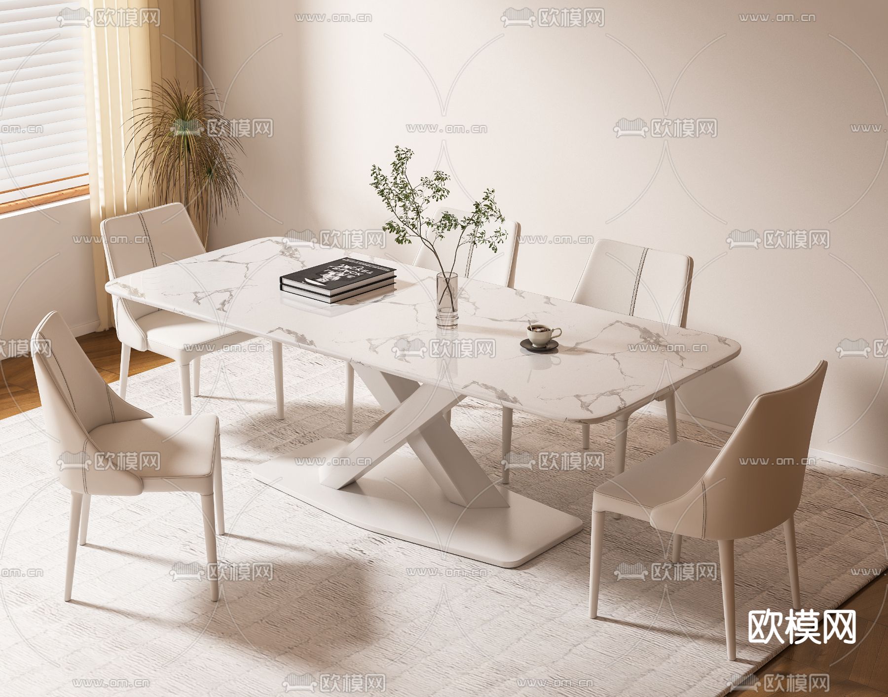 奶油风餐桌椅 岩板餐桌3d模型下载