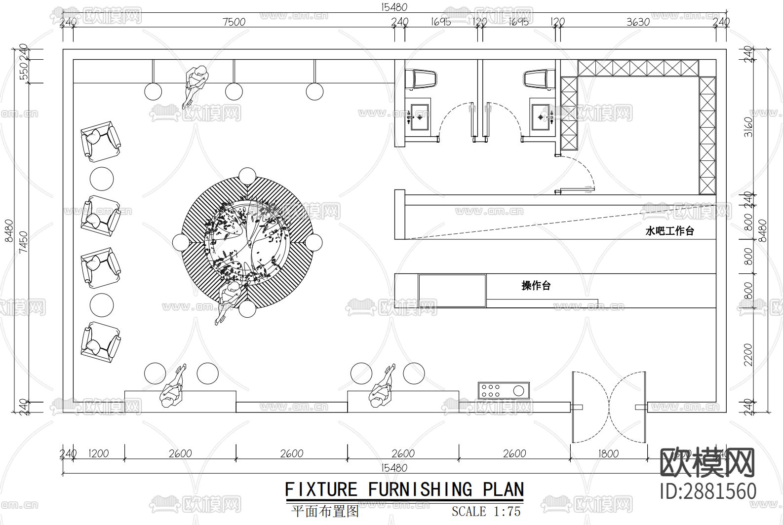 咖啡店cad平面布置图下载（渲染图1）