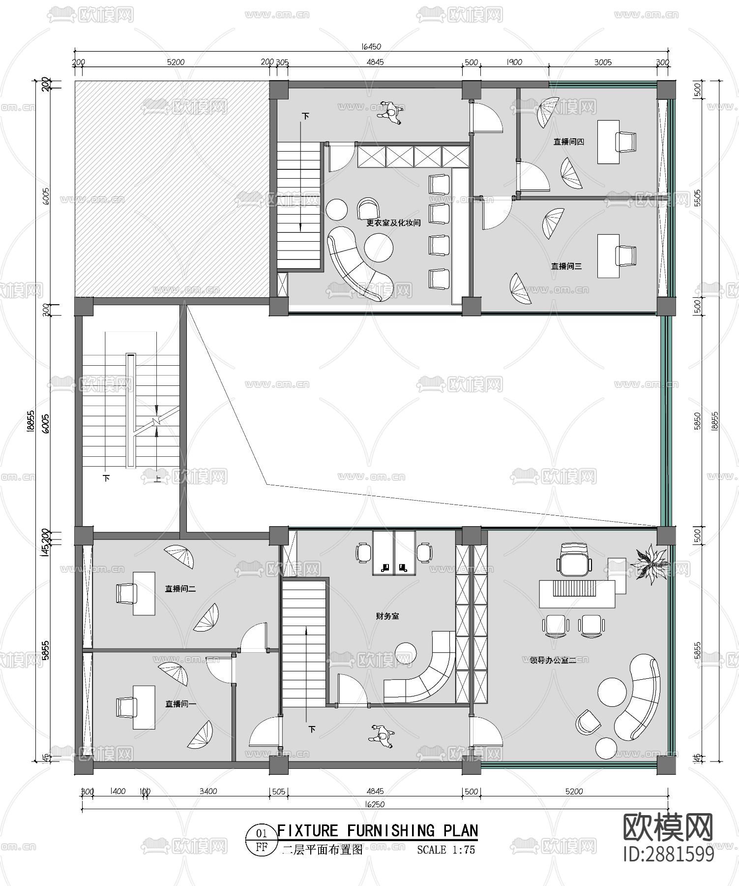直播公司cad平面布置图下载（渲染图2）
