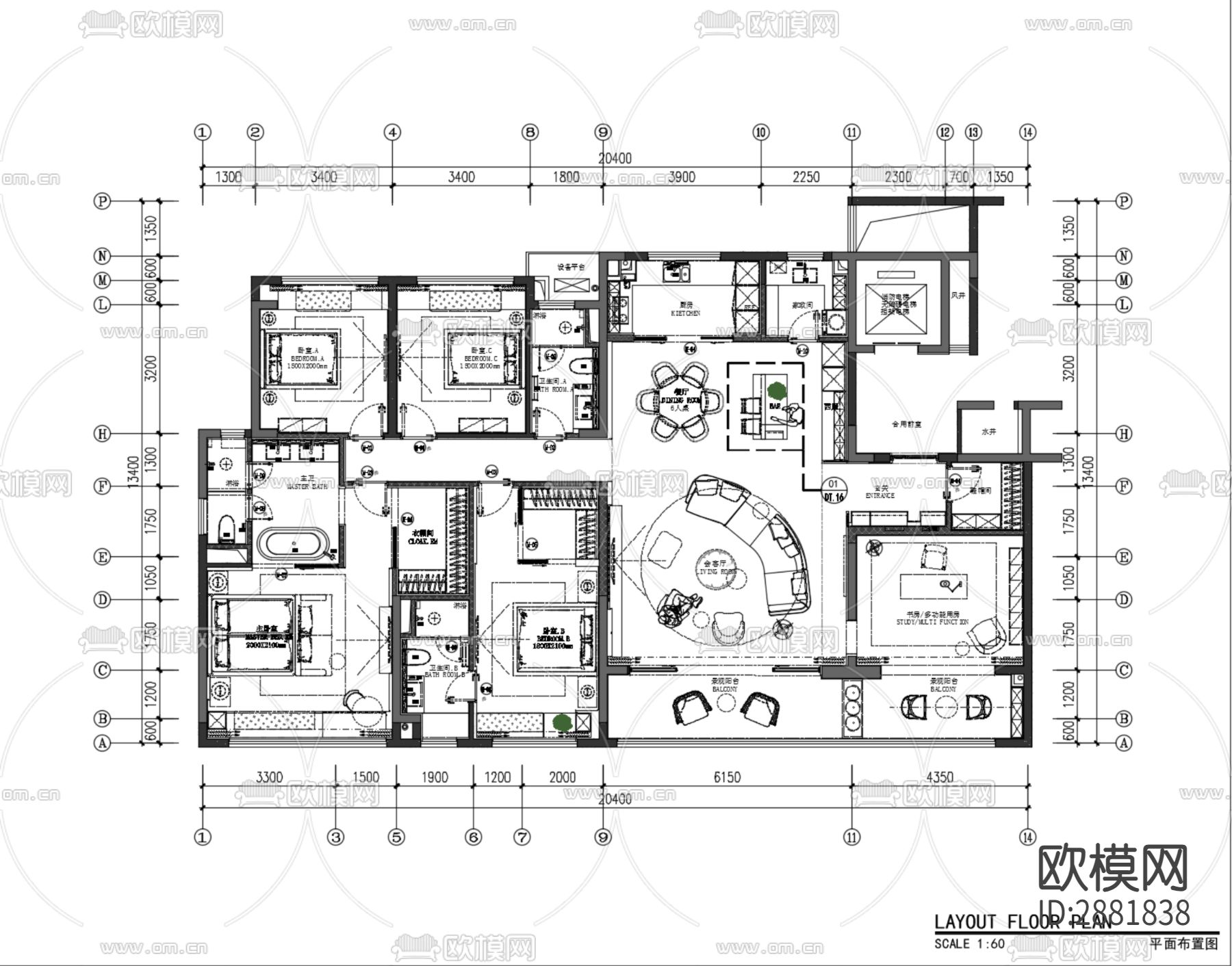 平层cad施工图下载（渲染图2）