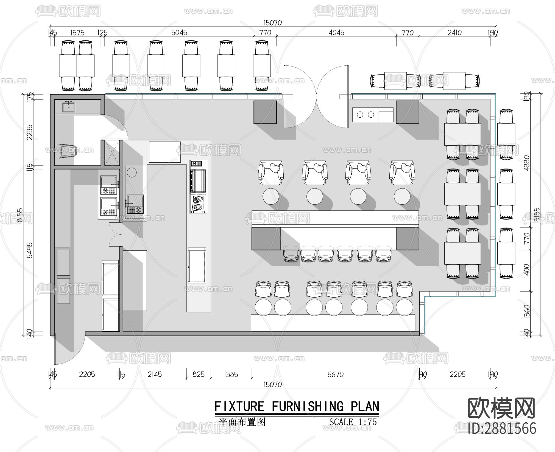 咖啡厅cad平面布置图下载（渲染图1）