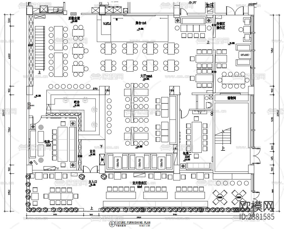 川菜音乐餐厅cad平面布置图下载（渲染图1）