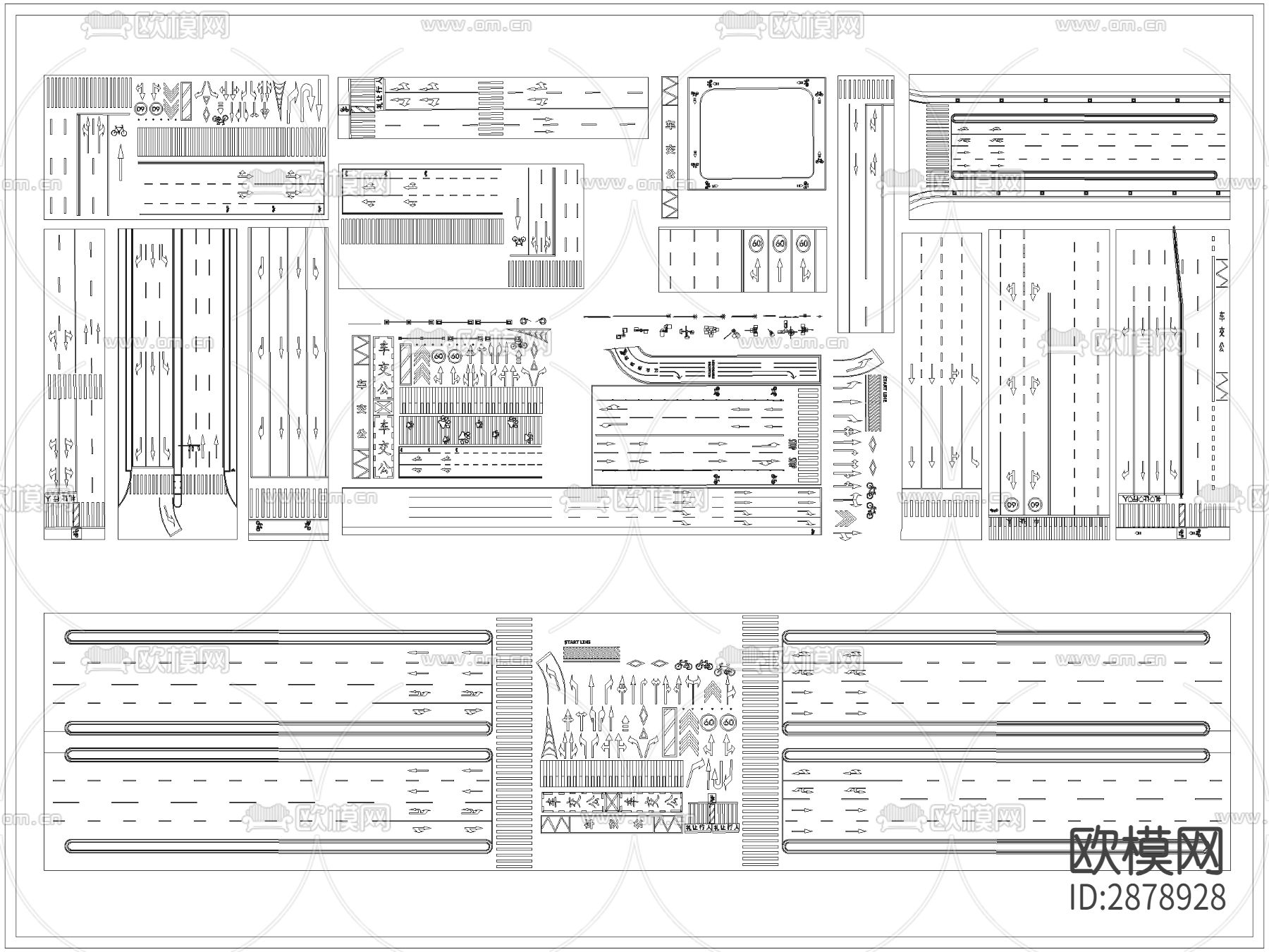 道路指示标线斑马线标志cad图库下载（渲染图1）