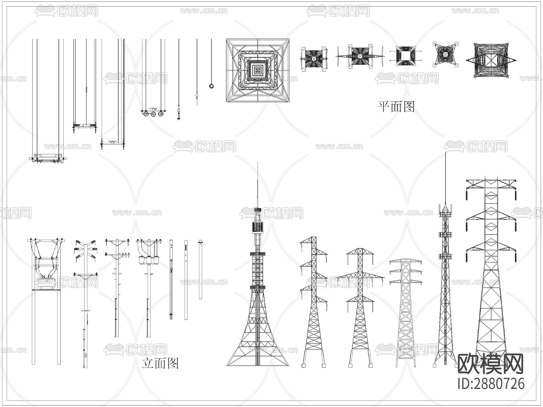 高压电杆电塔高架电线cad立面图下载