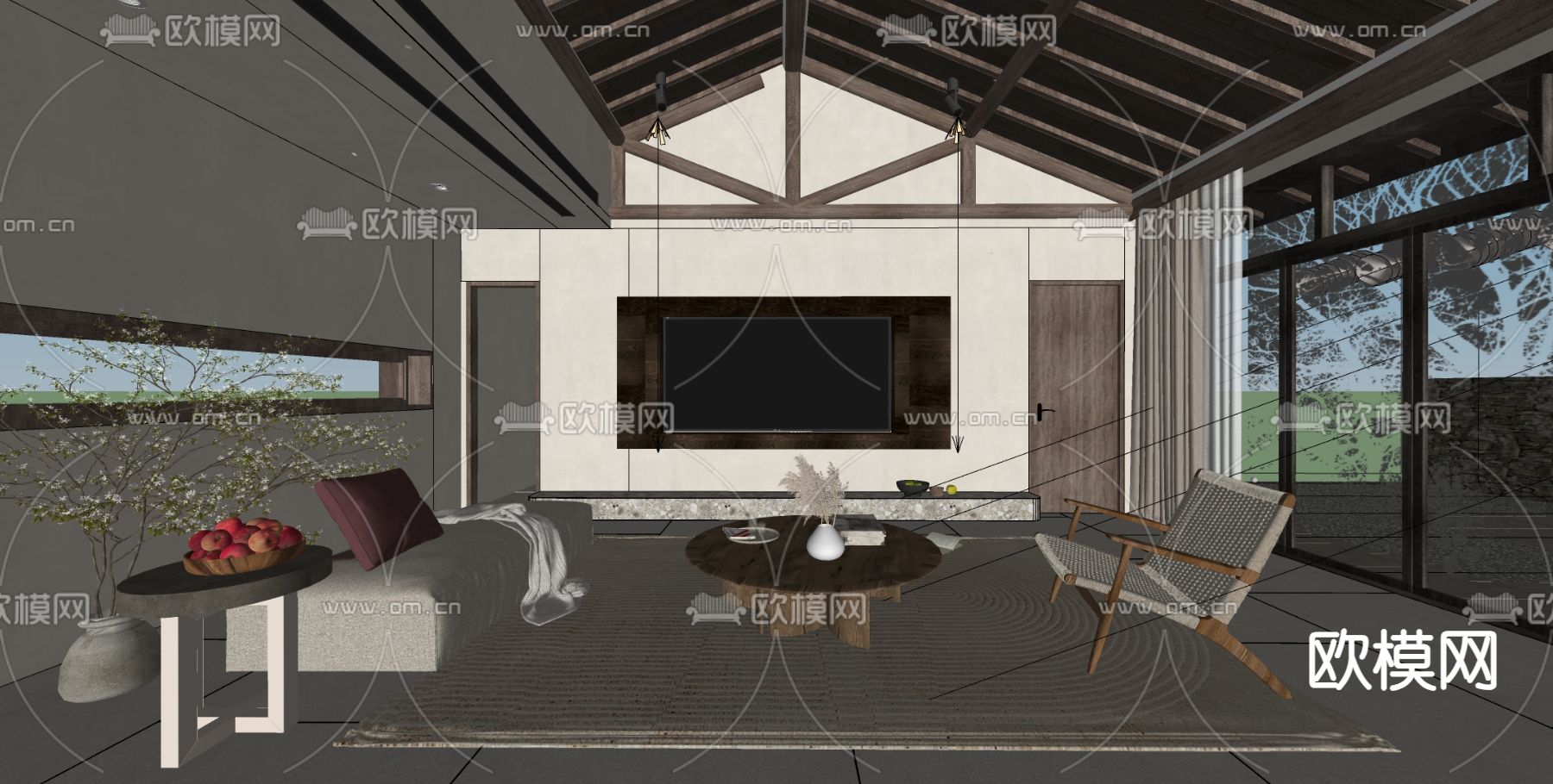 侘寂风民宿客厅su模型下载（渲染图3）