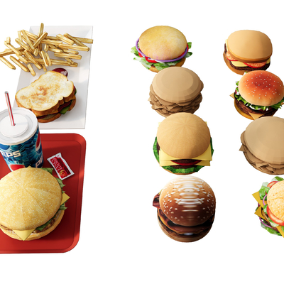  面包蛋糕 薯条汉堡包su模型 