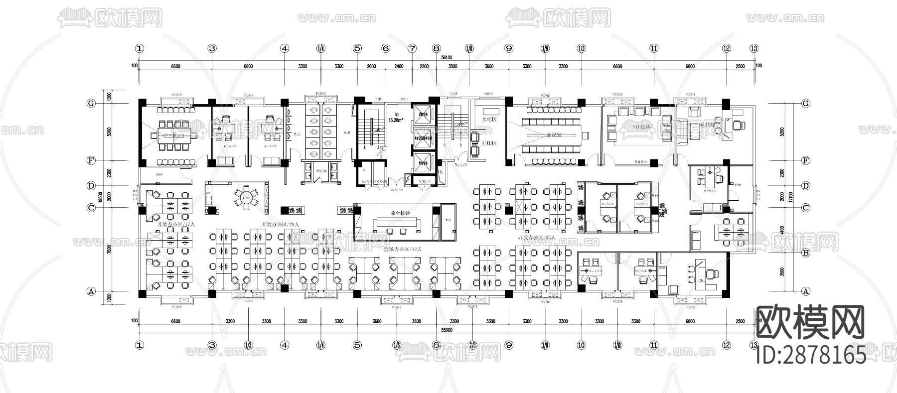 1000㎡办公室平面CAD节点大样下载（渲染图1）