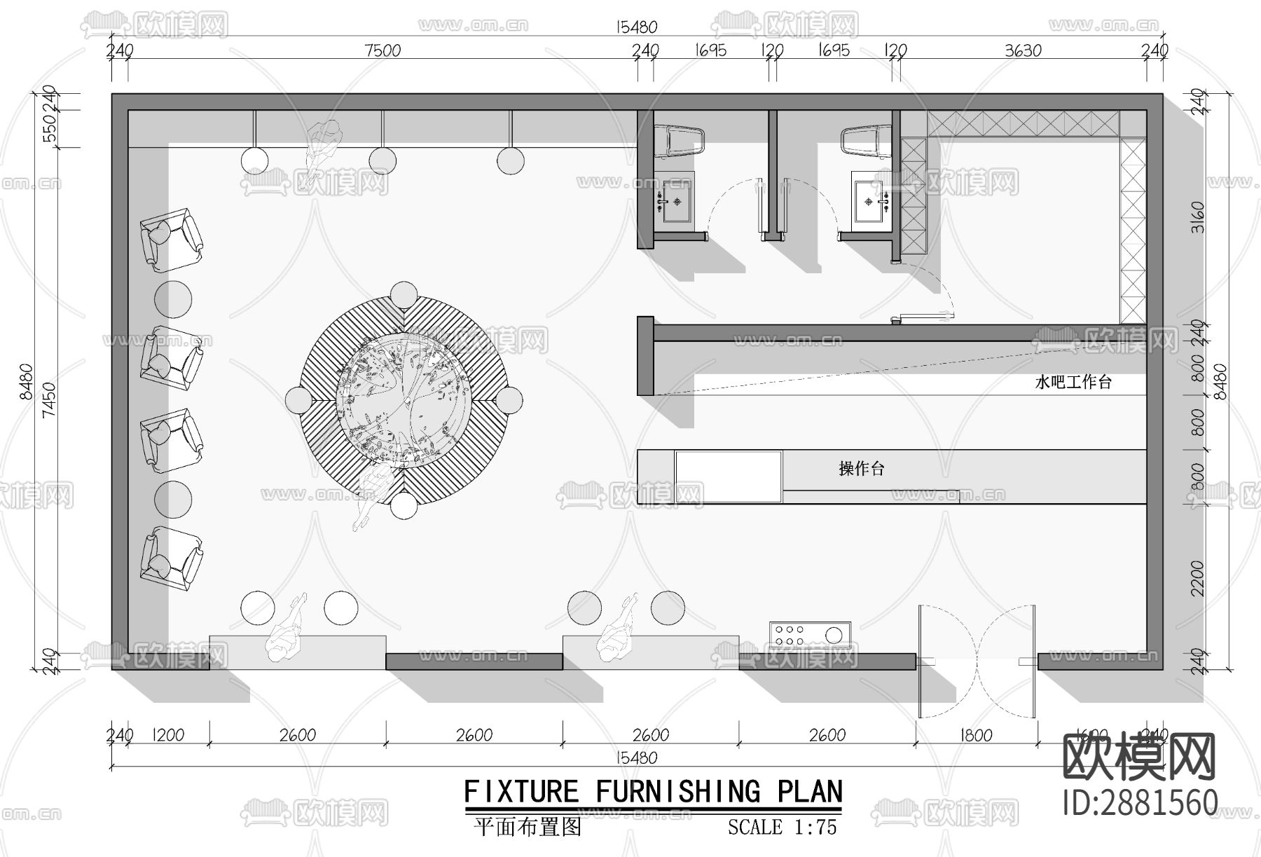 咖啡店cad平面布置图下载（渲染图6）