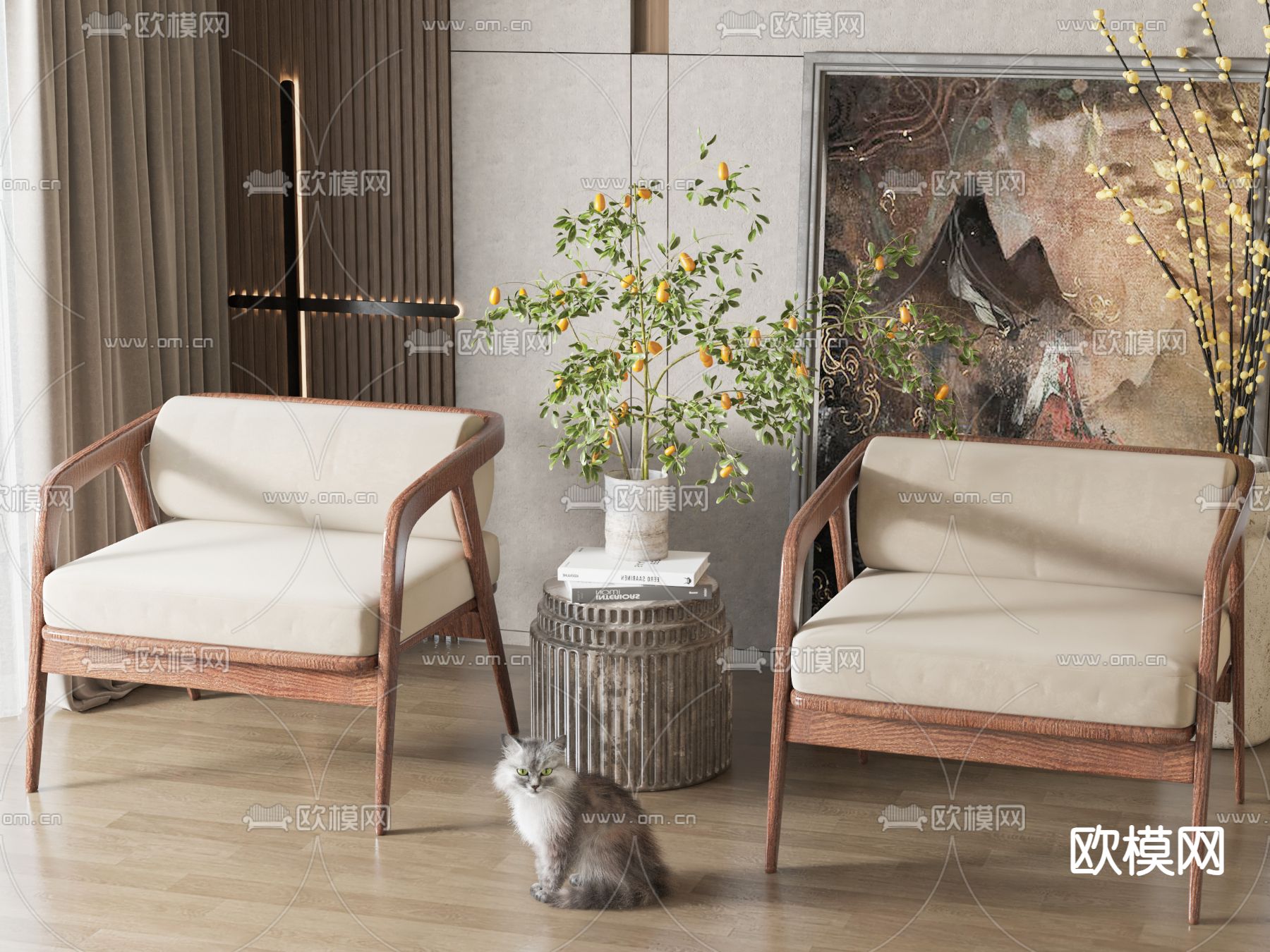 新中式休闲椅su模型下载（渲染图1）